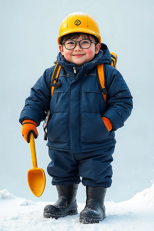 Draw a chubby cute boy，Stand in front of a hut in the snow。Goggles are worn on the forehead，Wear thick adventure clothing，The clothes are open to reveal the belly，Chubby 18 year old boy，The ?????? protrudes，pupils，prominent ?????，Shy，The ?????? protrudes，Protruding ?????，The ?????? is raised