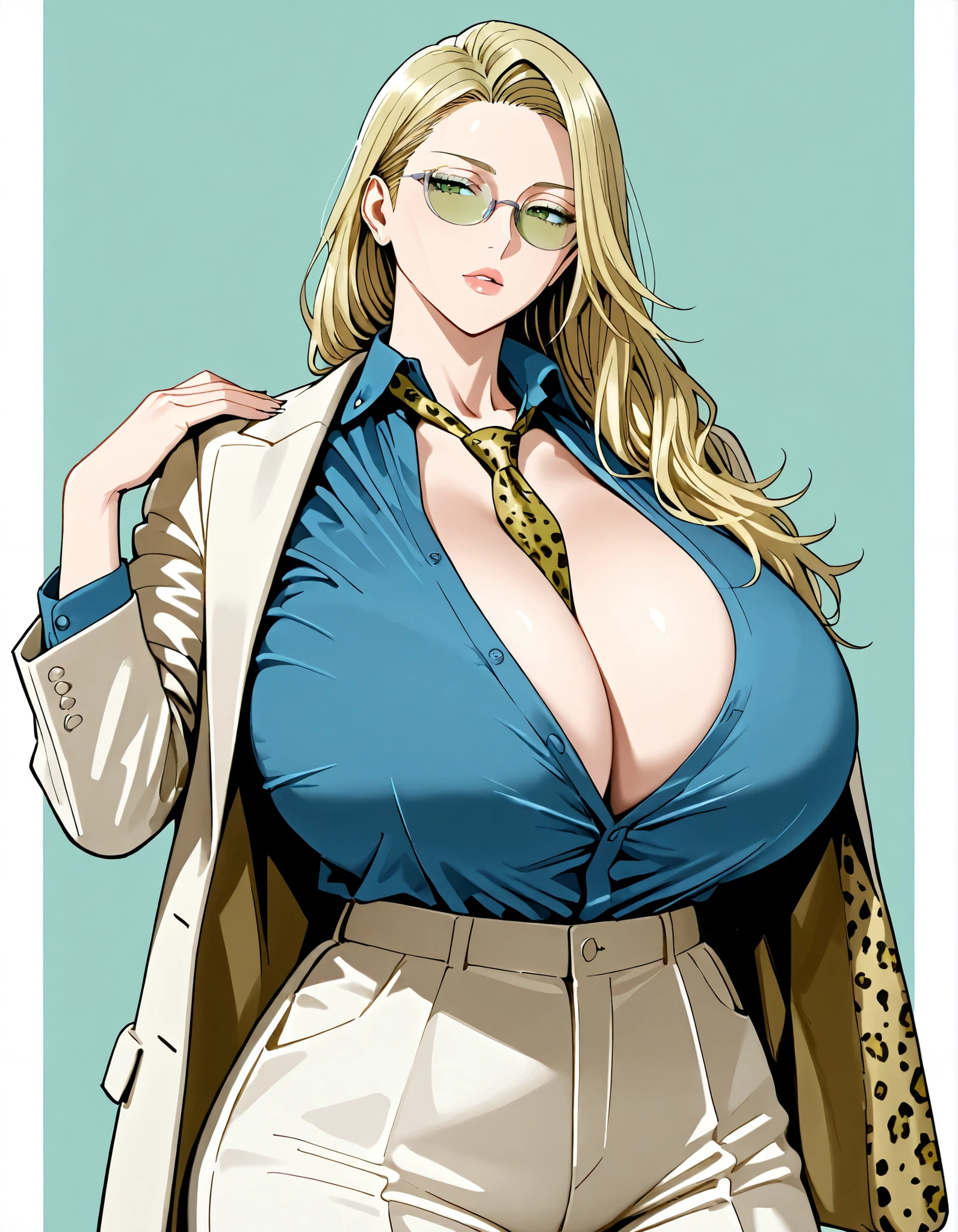 1girl, tall girl, gigantic breasts, nanami kento gender bender, blond hair, blue formal shirt, open cleavage, massive breasts, long formal pants, long hair, cool girl, juicy lips, glasses, loose neck tie, cream formal pants, nanami kento (jujutsu kaizen), cream color coat hand on shoulder, yellow leopard neck tie, very handsome girl,