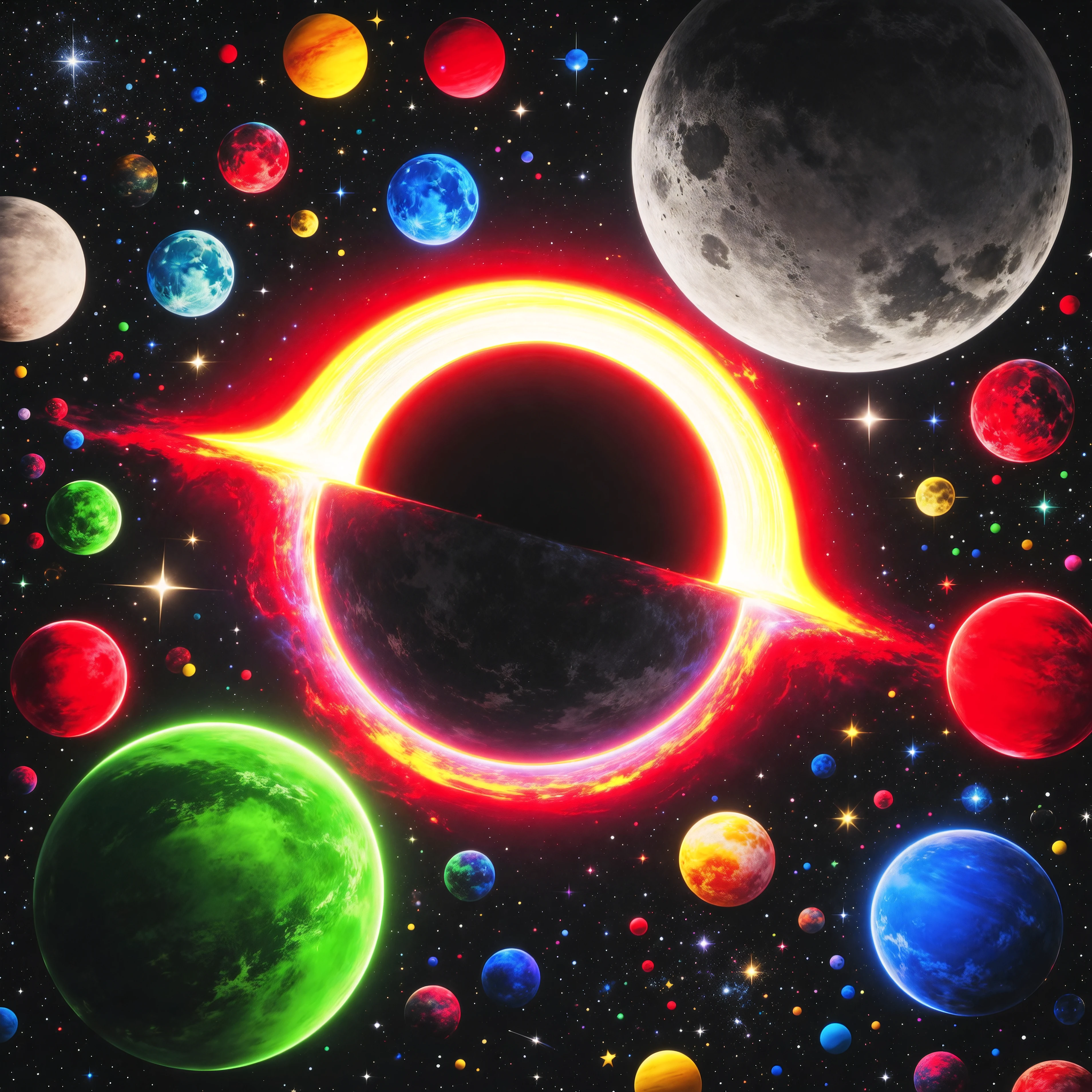 In this vivid and surreal image, a cosmic scene unfolds against a backdrop of deep blackness studded with a myriad of colorful celestial bodies. Dominating the composition is a massive, glowing orb reminiscent of a star or planet in the midst of a solar eclipse. Its luminous red and yellow halo radiates vibrant energy, casting a surreal glow across the scene. Surrounding this central figure are smaller, multicolored planets and stars, each uniquely rendered in striking, exaggerated hues like greens, blues, and reds. A large, detailed Moon-like sphere hangs prominently in the upper portion of the image, providing contrast with its textured, familiar surface. The atmosphere evokes an otherworldly sense of wonder and exploration, with the bright colors and stark contrasts creating a dreamlike, almost psychedelic impression of a distant galaxy or parallel universe where natural laws seem to be reimagined. Ultra-realistic,photo-realistic, ultra-detailed, physically-based rendering, 8k, hyperrealistic,3D Rendering,cinematography, full focus, UHDR,best quality, masterpiece 