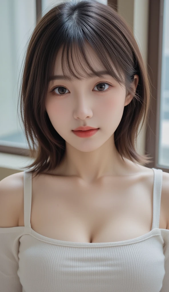 (masterpiece:1.3), high resolution, ultra detailed, extremely detailed CG unity 8k wallpaper, realistic, photo-realistic, RAW photo, beautiful detailed face, pale skin, realistic glistening skin, detailed cloth texture, detailed hair texture, Perfect body, Beautiful Face, accurate, Anatomically correct, Highly detailed face and skin texture, natural neck length, (beautiful hands), (fair skin:1.1), (well-aligned teeth:1.1), (Sweaty skin:1.2), baby face,
BREAK, 
Detailed eyes, symmetric eyes, Light Brown eyes, Double eyelids, Thin eyebrows, (Glossy lips:1.4), ((A face with waiting for a kiss:1.2)), (blush:1.1), (A sparkling small hair accessory:1.1), (beautiful smile:1.1)
BREAK, 
(A classy and Cute woman1.3), (, , , navel:1.4), 
BREAK, 
medium large breasts, slender figure, firm abs, 
((updo hairstyle, Dark blonde hair, wavy hair, long hair, asymmetric bangs:1.2)),  (cowboy shot:1.3), (looking at viewer), (Focus on face:1.2), From above, 
BREAK, 
((standing at hotel)), (((A view of town outside the window at morning:1.3))),