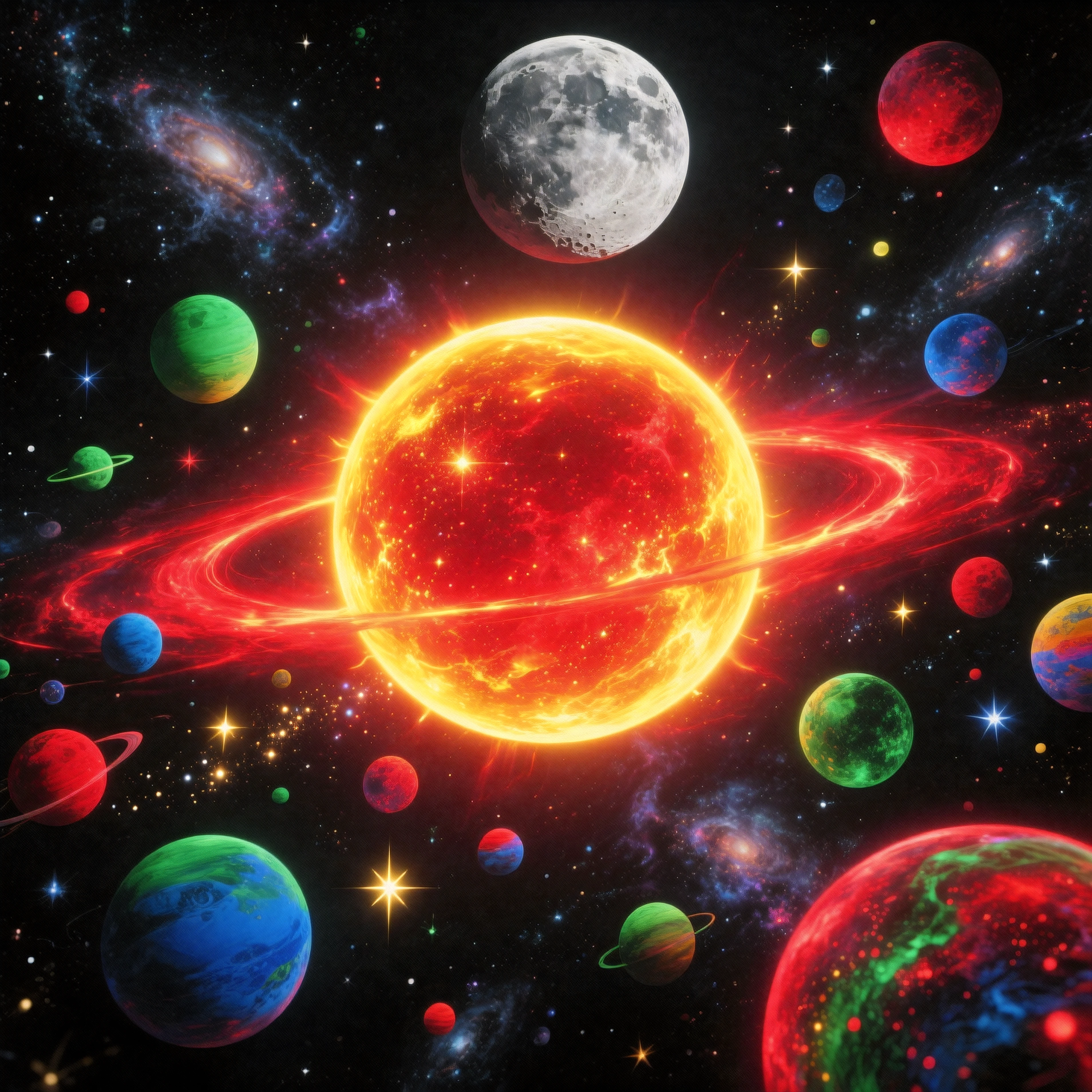 In this vivid and surreal image, a cosmic scene unfolds against a backdrop of deep blackness studded with a myriad of colorful celestial bodies. Dominating the composition is a massive, glowing orb reminiscent of a star or planet in the midst of a solar eclipse. Its luminous red and yellow halo radiates vibrant energy, casting a surreal glow across the scene. Surrounding this central figure are smaller, multicolored planets and stars, each uniquely rendered in striking, exaggerated hues like greens, blues, and reds. A large, detailed Moon-like sphere hangs prominently in the upper portion of the image, providing contrast with its textured, familiar surface. The atmosphere evokes an otherworldly sense of wonder and exploration, with the bright colors and stark contrasts creating a dreamlike, almost psychedelic impression of a distant galaxy or parallel universe where natural laws seem to be reimagined. Ultra-realistic,photo-realistic, ultra-detailed, physically-based rendering, 8k, hyperrealistic,3D Rendering,cinematography, full focus, UHDR,best quality, masterpiece