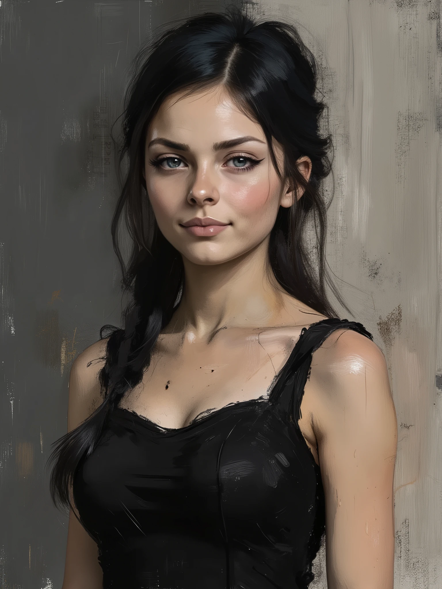 sketch painting, marinette Dopanchan, nvinkpunk, A very beautiful and cute 22 year old woman. (Sharp focus on the face:1.5), (blue eyes:1.5), (((western eyes))), (extremely detailed blue eyes:1.5), (((beautiful eyes, beautifully detailed eyes))), (((delicately detailed thin pink lips))), (((long hair))), (thin waist), (perfect thighs:1.5), (perfect body:1.5), (perfect anatomy), (anatomical correct). (jet-black medieval style sleeveless t-shirt:1.5), (dark_blue medieval style leather warrior pants:1.5), deep gaze, slight smile. (((The background is dark_gray and painted with expressive, visible textures using dynamic brushstrokes and strokes that add depth and movement. The paint covers only the area just behind the subject. The outer edges of the image with black margins, as if the background had been painted with a brush and with expressive and visible textures using dynamic brushstrokes and strokes fading toward the edges creating a modern and artistic vignette effect))). Cinematic lighting, vibrant colors, (cowboy shot:1.5, standing:1.5), (full body view), looking at the viewer, dynamic pose, graceful pose, soft depth of field, (masterpiece:1.5), (best quality:1.5), (((high resolution, top quality, high quality, UHD, 16k quality))), clear image, sharp focus, no blur, film grain, bokeh.