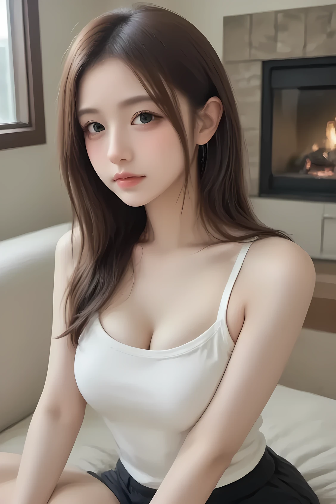 (perfect anatomy), (photo realistic), (very aesthetic), (highres), (detailed eyes), (top quality), (Realistic), (Super Detailed), (masterpiece), (top quality), (very detailed), (ultra detail), (8k), (full body), detailed cute face, daytime, (top quality), upper body close-up, bright sunlight, tall girl:1.3, (round face:1.3), shining eyes, safe, masterpiece, incredibly absurdres, contour_deepening, (8k), (perfect proportions), (ultra detailed eyes), contrapposto, long hair, red eyes, shy, light_blush, (a fireplace), from_side, depth of field, chromatic aberration, ((no clothes)), (completely naked:1.2), blush,