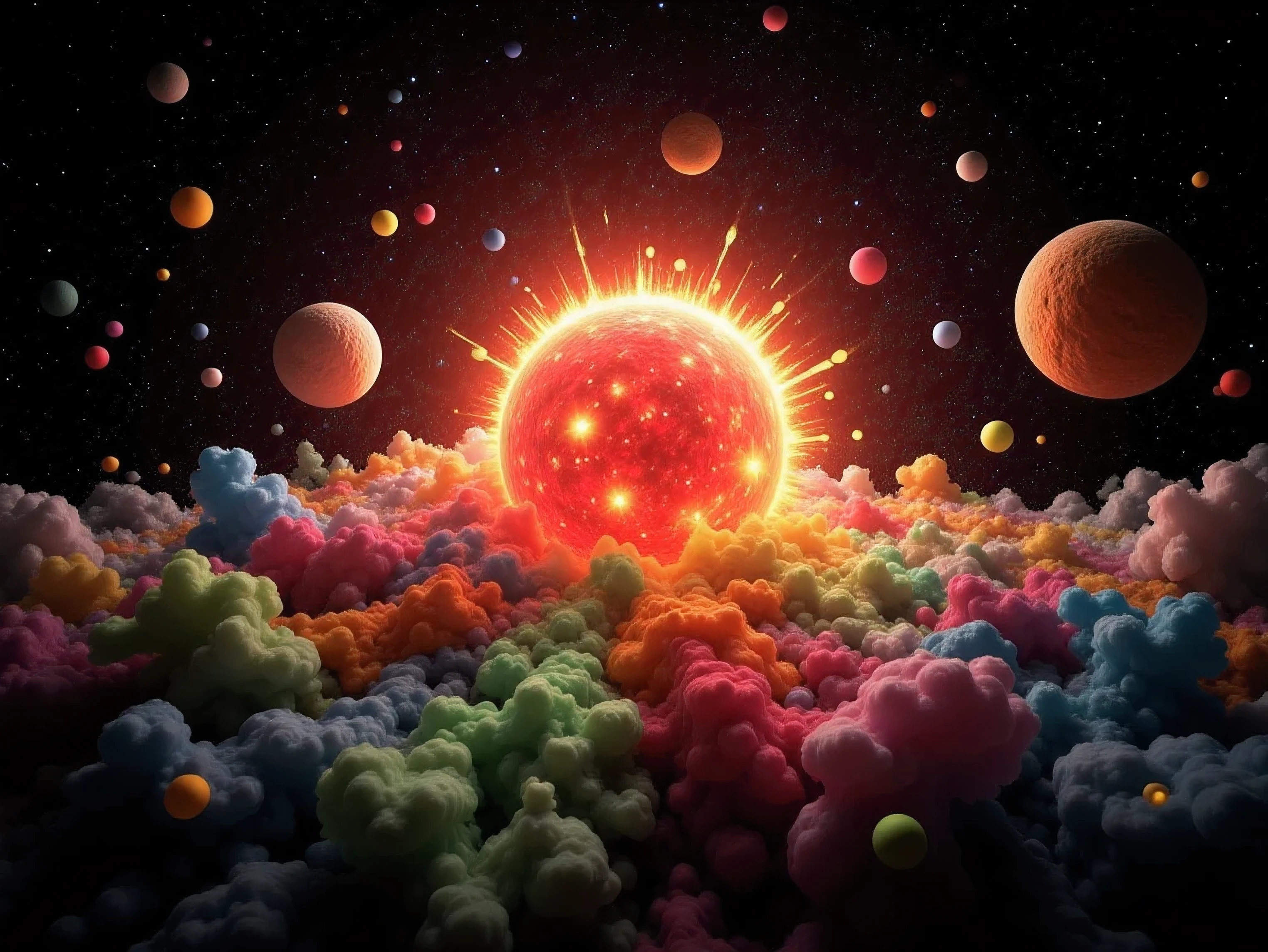 In this vivid and surreal image in the style of the James Webb Space Telescope and, the Hubble Telescope, a cosmic scene unfolds against a backdrop of deep blackness studded with a myriad of colorful celestial bodies and nebulae. Dominating the composition is a massive, glowing orb reminiscent of a star or planet in the midst of a solar eclipse. Its luminous red and yellow halo radiates vibrant energy, casting a surreal glow across the scene. Surrounding this central figure are smaller, multicolored planets and stars, each uniquely rendered in striking, exaggerated hues like greens, blues, and reds. A large, detailed Moon-like sphere hangs prominently in the upper portion of the image, providing contrast with its textured, familiar surface. The atmosphere evokes an otherworldly sense of wonder and exploration, with the bright colors and stark contrasts creating a dreamlike, almost psychedelic impression of a distant galaxy or parallel universe where natural laws seem to be reimagined. God's beauty, Ultra-realistic,photo-realistic perfect symmetry, rotational symmetry, icon style, ultra-detailed, physically-based rendering, 8k, cinematic photography and composition, cinematic lighting and shading, hyperrealistic, 3D Rendering, cinematography, ultra spherical, depth of field, UHDR, best quality, awe-inspiring, avant-garde images, a masterpiece