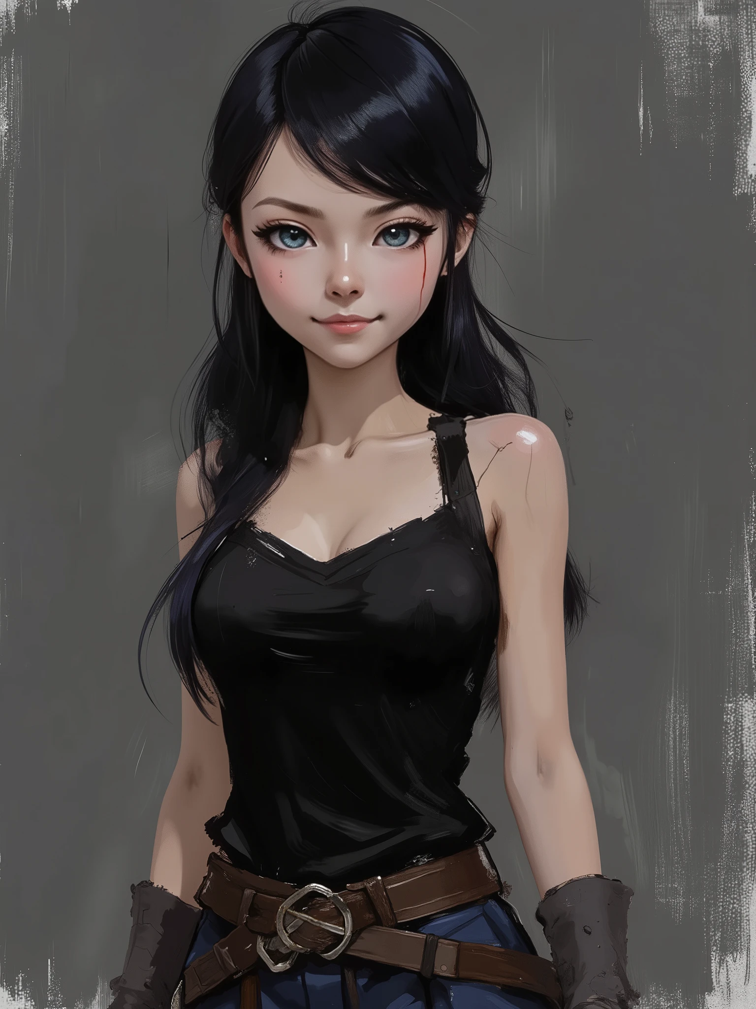 sketch painting, marinette Dopanchan, nvinkpunk, A very beautiful and cute 22 year old woman. (Sharp focus on the face:1.5), (blue eyes:1.5), (((western eyes))), (extremely detailed blue eyes:1.5), (((beautiful eyes, beautifully detailed eyes))), (((delicately detailed thin pink lips))), (((long hair))), (thin waist), (perfect thighs:1.5), (perfect body:1.5), (perfect anatomy), (anatomical correct). (jet-black medieval style sleeveless t-shirt:1.5), (dark_blue medieval style leather warrior pants:1.5), deep gaze, slight smile. (((The background is dark_gray and painted with expressive, visible textures using dynamic brushstrokes and strokes that add depth and movement. The paint covers only the area just behind the subject. The outer edges of the image with black margins, as if the background had been painted with a brush and with expressive and visible textures using dynamic brushstrokes and strokes fading toward the edges creating a modern and artistic vignette effect))). Cinematic lighting, vibrant colors, (cowboy shot:1.5, standing:1.5), (full body view), looking at the viewer, dynamic pose, graceful pose, soft depth of field, (masterpiece:1.5), (best quality:1.5), (((high resolution, top quality, high quality, UHD, 16k quality))), clear image, sharp focus, no blur, film grain, bokeh.