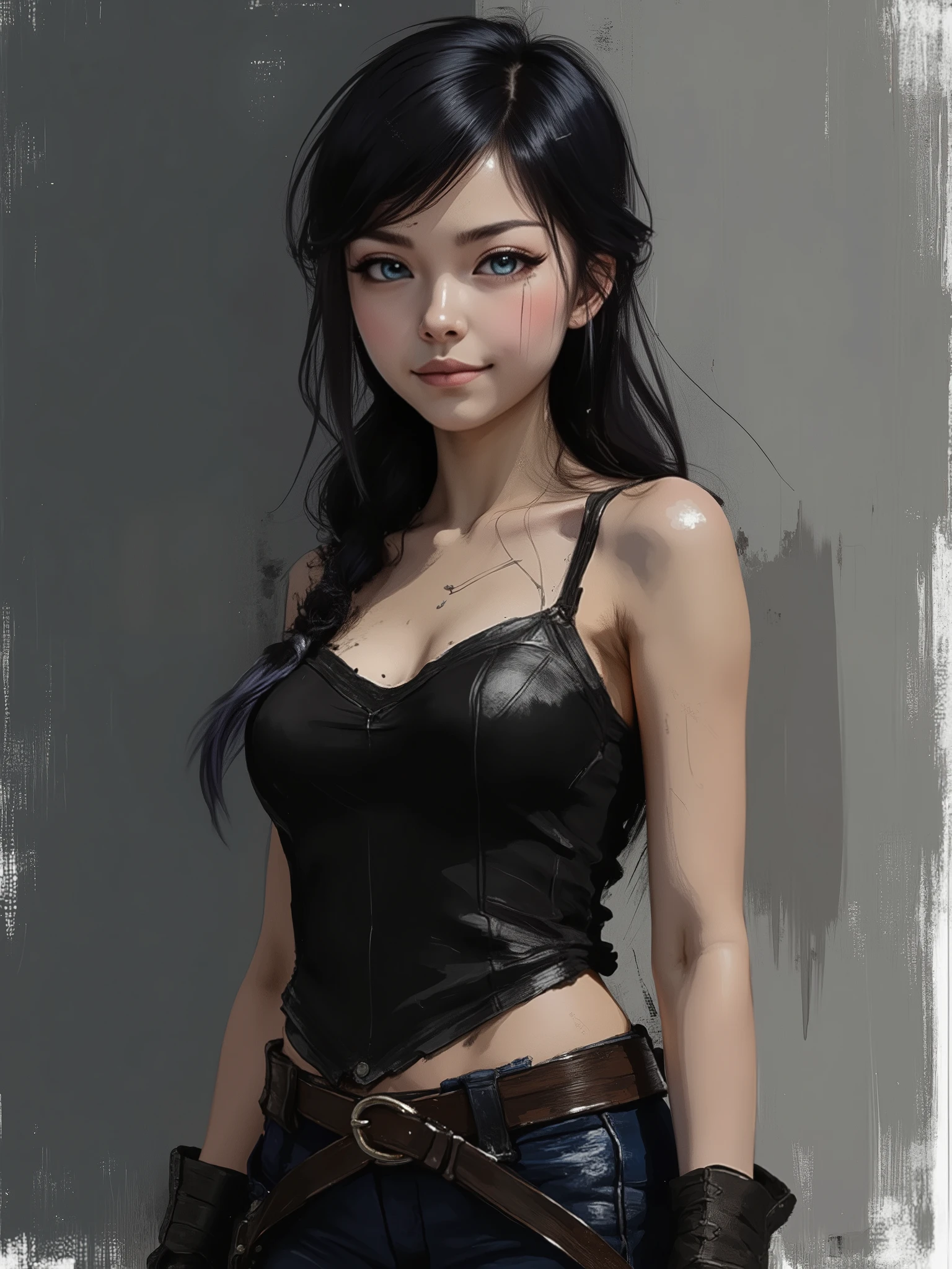 sketch painting, marinette Dopanchan, nvinkpunk, A very beautiful and cute 22 year old woman. (Sharp focus on the face:1.5), (blue eyes:1.5), (((western eyes))), (extremely detailed blue eyes:1.5), (((beautiful eyes, beautifully detailed eyes))), (((delicately detailed thin pink lips))), (((long hair))), (thin waist), (perfect thighs:1.5), (perfect body:1.5), (perfect anatomy), (anatomical correct). (jet-black medieval style sleeveless t-shirt:1.5), (dark_blue medieval style leather warrior pants:1.5), deep gaze, slight smile. (((The background is dark_gray and painted with expressive, visible textures using dynamic brushstrokes and strokes that add depth and movement. The paint covers only the area just behind the subject. The outer edges of the image with black margins, as if the background had been painted with a brush and with expressive and visible textures using dynamic brushstrokes and strokes fading toward the edges creating a modern and artistic vignette effect))). Cinematic lighting, vibrant colors, (cowboy shot:1.5, standing:1.5), (full body view), looking at the viewer, dynamic pose, graceful pose, soft depth of field, (masterpiece:1.5), (best quality:1.5), (((high resolution, top quality, high quality, UHD, 16k quality))), clear image, sharp focus, no blur, film grain, bokeh.