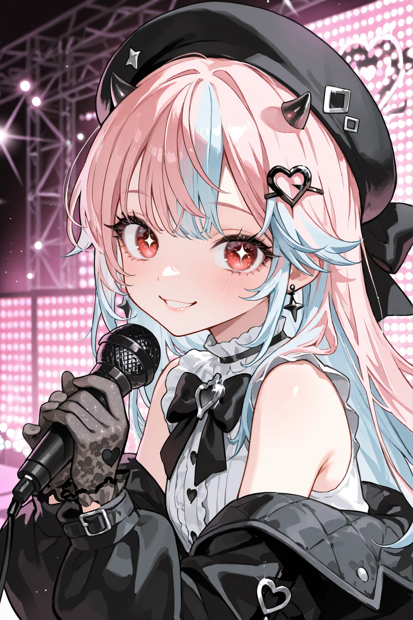 High quality, masterpiece, one girl, long eyelashes, lip gloss, small horns, pink hair, mesh hair, light blue hair tips, red eyes, sparkling eyes, black eye shadow (black velvet gloves, black beret, sleeveless white blouse, oversized jacket, black jacket) ruffles, large bow tie, heart applique decoration, best smile, light particle decoration, live venue background, best idol, (holding microphone) wireless microphone, pink color filter,