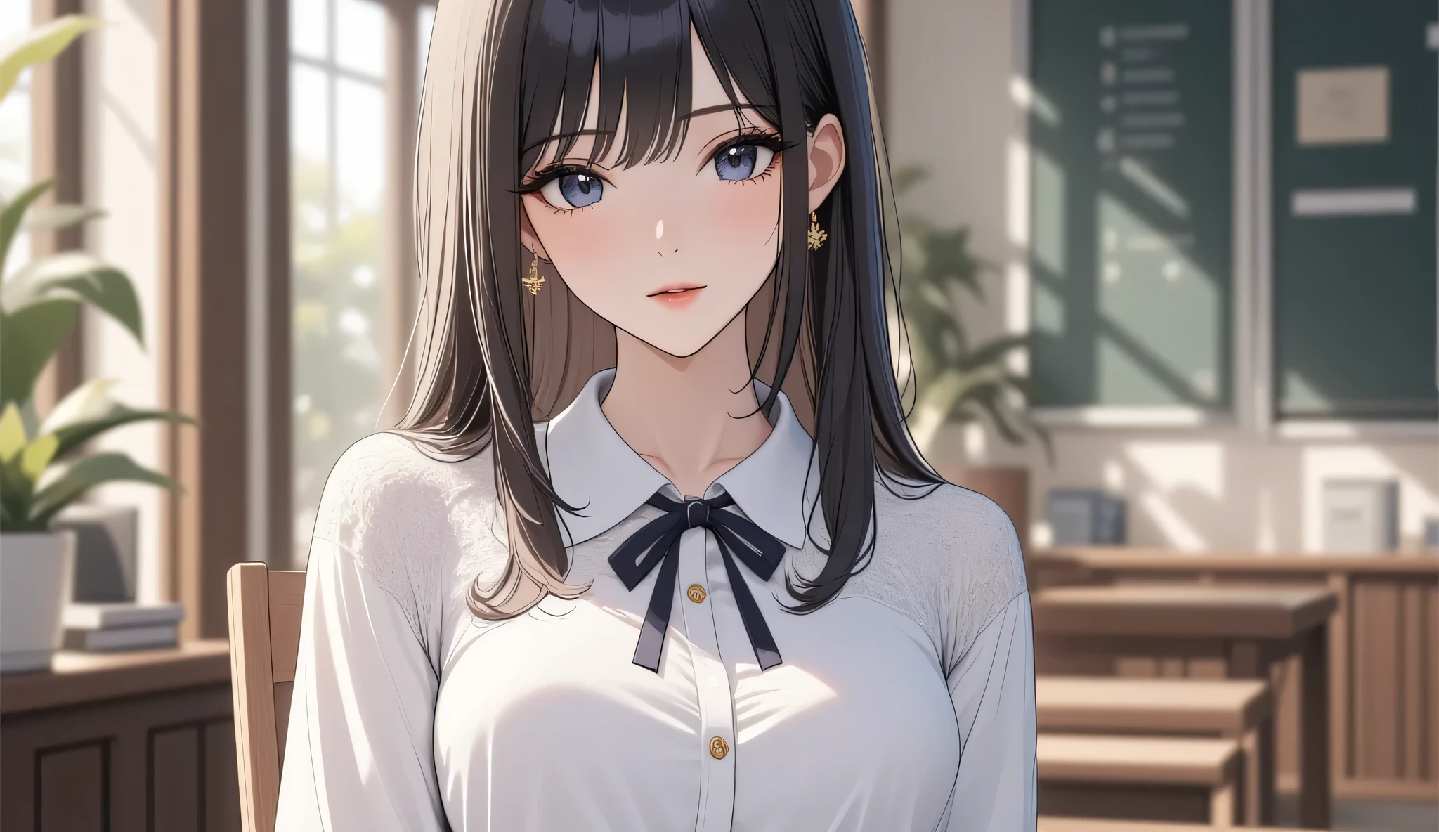 Anime, high school girl, white blouse, navy ribbon, in the classroom