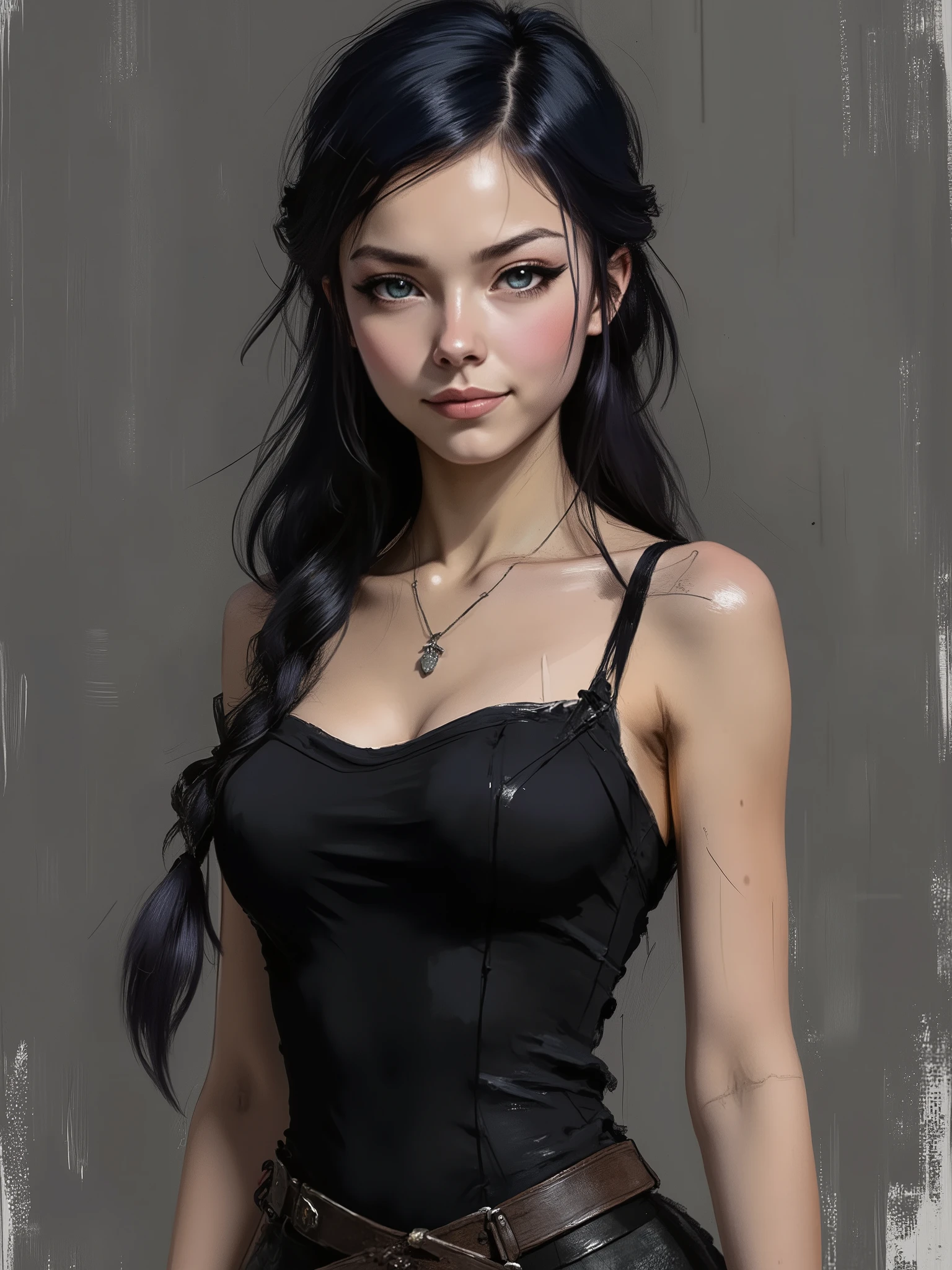 sketch painting, marinette Dopanchan, nvinkpunk, A very beautiful and cute 22 year old woman. (Sharp focus on the face:1.5), (blue eyes:1.5), (((western eyes))), (extremely detailed blue eyes:1.5), (((beautiful eyes, beautifully detailed eyes))), (((delicately detailed thin pink lips))), (((long hair))), (thin waist), (perfect thighs:1.5), (perfect body:1.5), (perfect anatomy), (anatomical correct). (jet-black medieval style sleeveless t-shirt:1.5), (dark_blue medieval style leather warrior pants:1.5), deep gaze, slight smile. (((The background is dark_gray and painted with expressive, visible textures using dynamic brushstrokes and strokes that add depth and movement. The paint covers only the area just behind the subject. The outer edges of the image with black margins, as if the background had been painted with a brush and with expressive and visible textures using dynamic brushstrokes and strokes fading toward the edges creating a modern and artistic vignette effect))). Cinematic lighting, vibrant colors, (cowboy shot:1.5, standing:1.5), (full body view), looking at the viewer, dynamic pose, graceful pose, soft depth of field, (masterpiece:1.5), (best quality:1.5), (((high resolution, top quality, high quality, UHD, 16k quality))), clear image, sharp focus, no blur, film grain, bokeh.