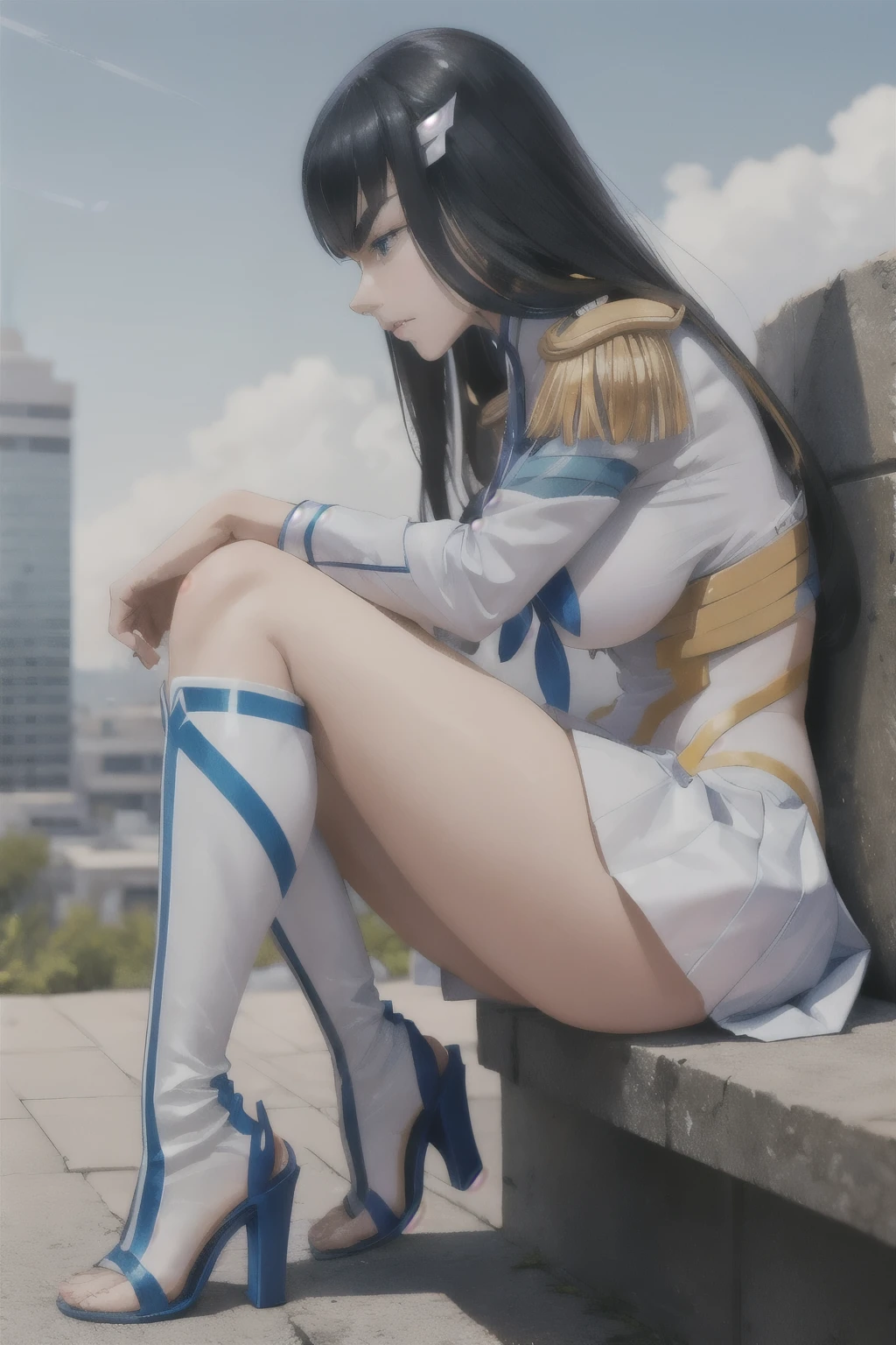 beautiful, masterpiece, best quality, extremely detailed face, perfect lighting, (kiryuin satsuki), (kill la kill), blue eyes, , epaulettes, skirt, white glossy thigh boots, cowboy shot, (sandals high heels), summit building, blue sky, side view, sitting