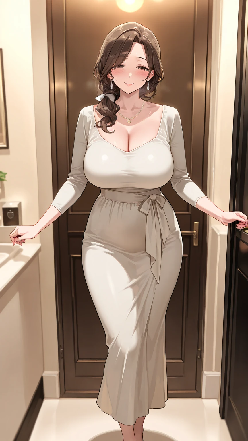 score_9, score_8_superior, score_7_superior, score_6_superior, score_5_superior, score_4_superior, super realistic, busty mother, (detailed eyes, detailed face, big ??????, big ???, earing, black hair, Exposing shoulders, loose clothes) standing full body