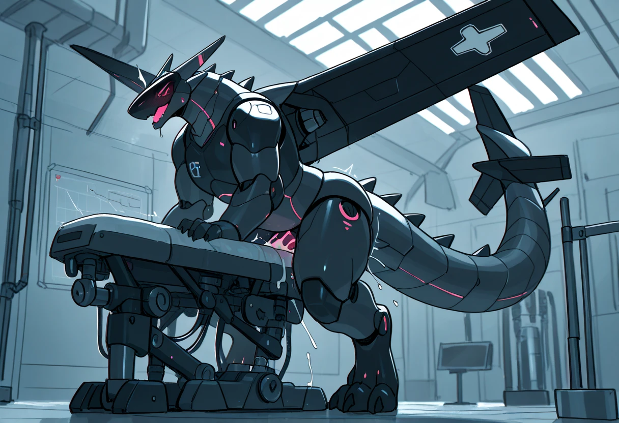 On a bed in cyberspace、A slender mecha dragon suit with large claws and  is holding a  and screaming while  a large amount of .