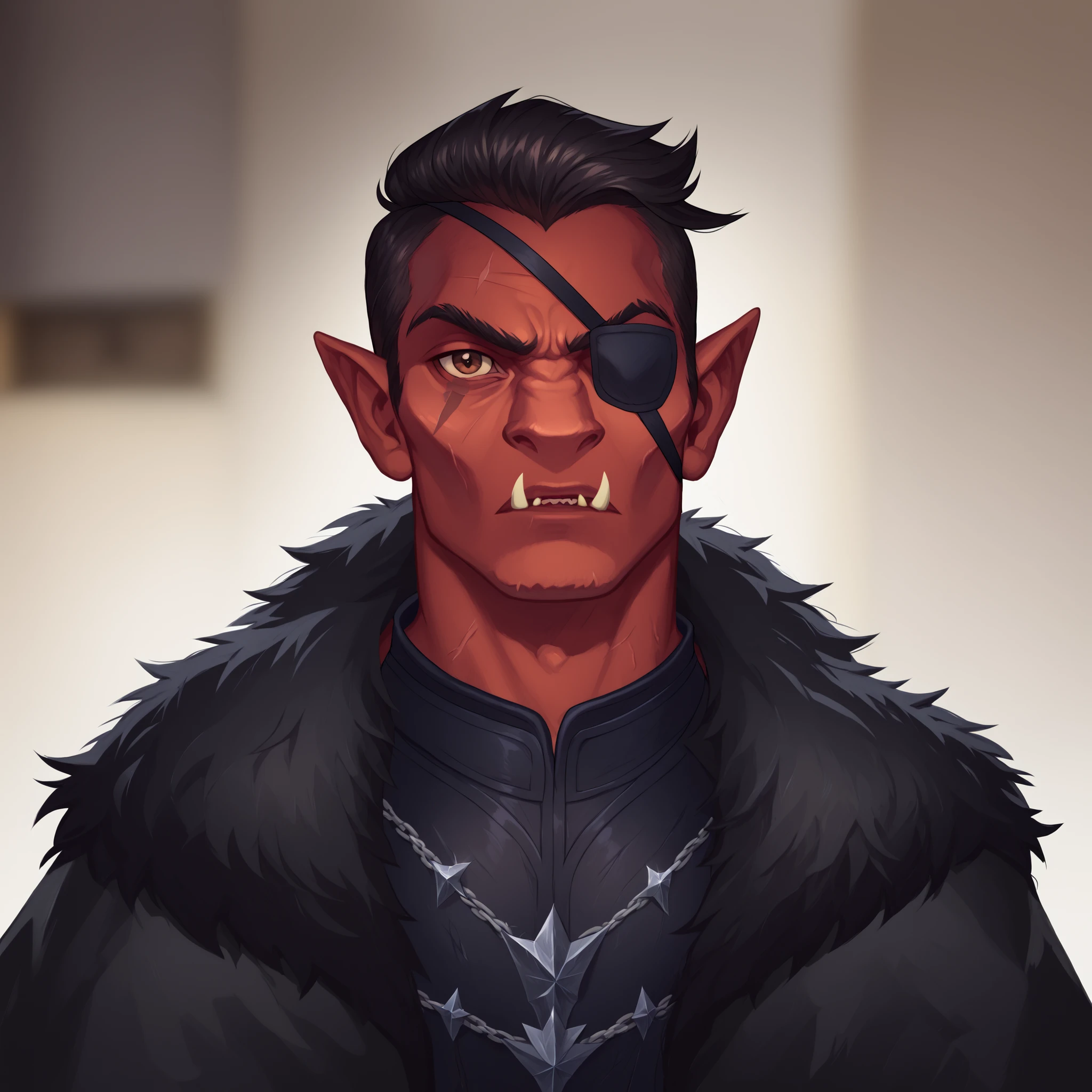 (((beautiful, high quality, comics style, detailed face))), score_9, score_8_up, score_7_up, masterpiece, best quality, unrealistically high details, extremely high quality, ultra-high detail, good anatomy, rating_explicit, perfect anatomy, anatomically correct hands:1.5, blurred background, detailxl, DeepNegative_xl_v1, zPDXL3, Score_PnyReal, deep_negative_pony, ((upper body, portrait)) BREAK 25yo male, (hobgoblin, red skin, fangs), (short spiky black hair, brown eyes), eye-patch on the left eye BREAK muscular, jacked, large shoulders, wears a black leather-armor, (black fur cape), serious face, ((facing the viewer)) BREAK detailed face natural, expressive face, grand hall, winter weather, moonlight night through large gothic windows, holiday theme BREAK (expressive face, expressive body, expressive emotions, dynamic pose, intense gaze, lively eyes, detailed facial expression, engaging presence:0.5)