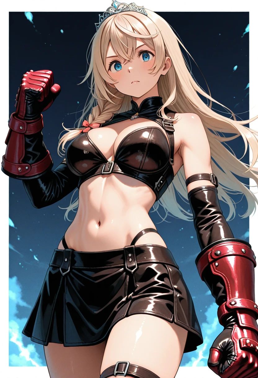(Highly quality, masterpiece, detailed), undead city detailed scenario, undead city detailed background, 1girl, Magik, midriff, thigh highs, gloves, short shorts, cleavage, soul sword, evil smile, armored left arm, glowing blue eyes, navel, perfect face, beautiful eyes, looking at the viewer, Sexy pose