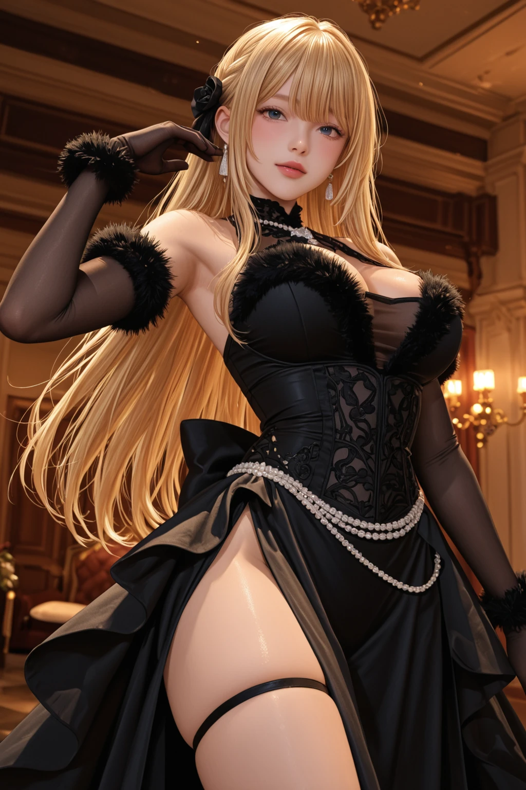 high resolution, highest quality, super high quality, super detail, ultra realistic, photorealistic, anime, illustration, fantasy, Northern Renaissance style, super cute witch, mysterious, enchanting, big blue eyes, updo braided hair style,  blonde hair, , perfect proportion, full body, black long skirt maid outfit and veil, black pantyhose, background Northern Renaissance style, kaleidoscope, royal palace