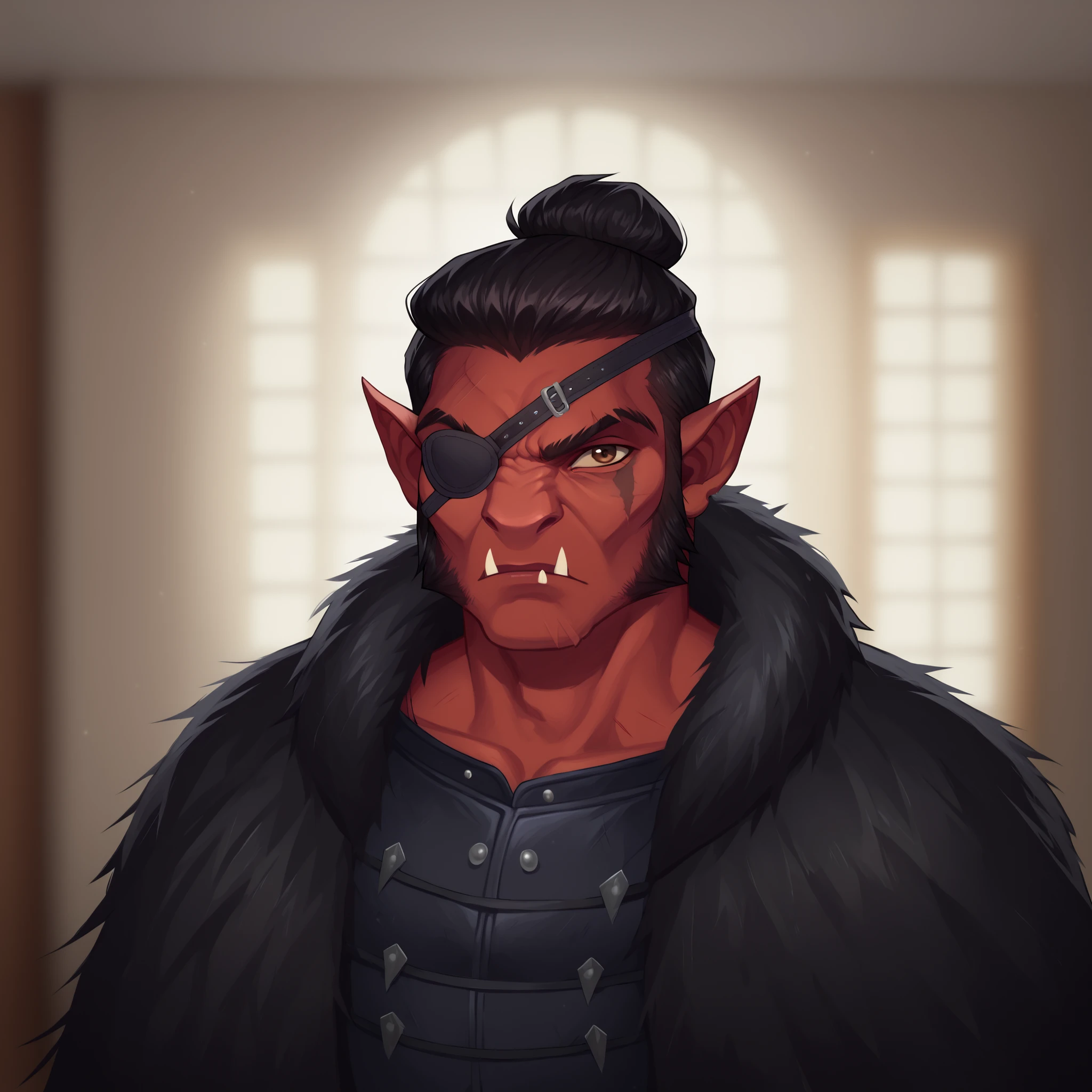 (((beautiful, high quality, comics style, detailed face))), score_9, score_8_up, score_7_up, masterpiece, best quality, unrealistically high details, extremely high quality, ultra-high detail, good anatomy, rating_explicit, perfect anatomy, anatomically correct hands:1.5, blurred background, detailxl, DeepNegative_xl_v1, zPDXL3, Score_PnyReal, deep_negative_pony, ((upper body, portrait)) BREAK 25yo male, (hobgoblin, red skin, fangs), (short spiky black hair, brown eyes), eye-patch on the left eye BREAK muscular, jacked, large shoulders, wears a black leather-armor, (black fur cape), serious face, ((facing the viewer)) BREAK detailed face natural, expressive face, grand hall, winter weather, moonlight night through large gothic windows, holiday theme BREAK (expressive face, expressive body, expressive emotions, dynamic pose, intense gaze, lively eyes, detailed facial expression, engaging presence:0.5)