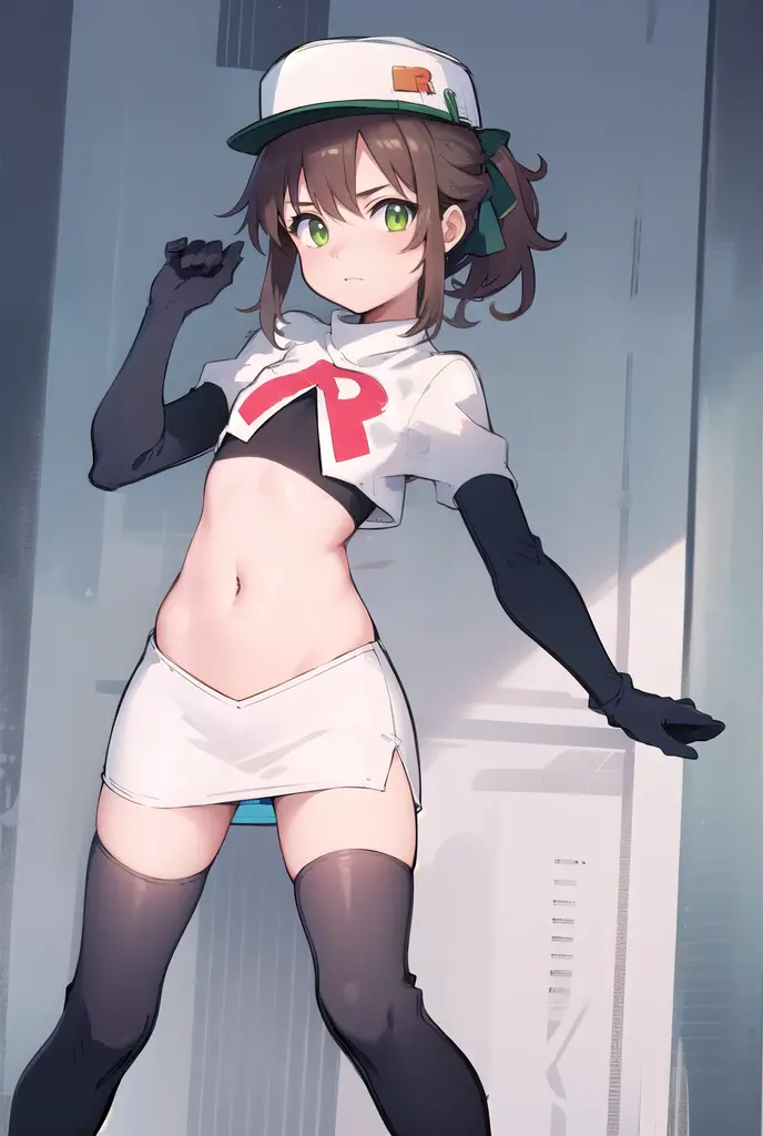 rosariarnd, team rocket,team rocket uniform, red letter R, white skirt,white crop top,black thigh-highs,black elbow gloves