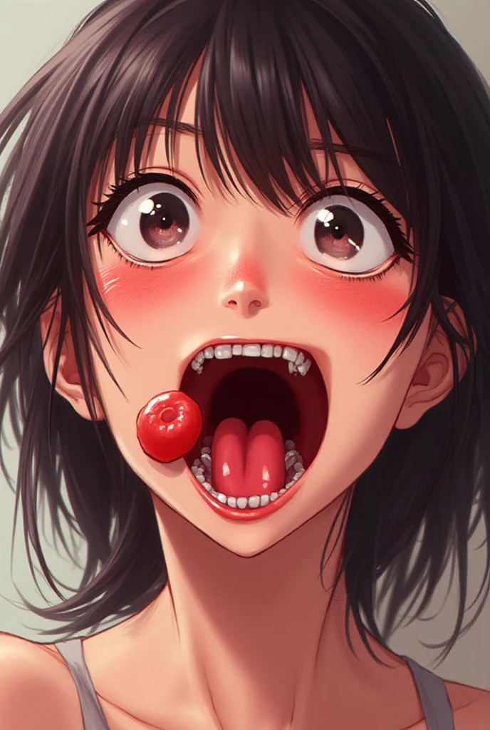cute, close up, blush, open mouth, big mouth, tongue, tongue out, close up, saliva, uvula, uvula, room, mouth focus, excessive saliva, shy, score_9, score_8_up, source_anime BREAK solo, looking at viewer,, violaop, brown eyes, black hair, long hair, hair slicked back, earrings, hair flower, polka dot dress, sleeveless dress, frilled dress, jewelry, large breasts,room, crazy smile, huge mouth
