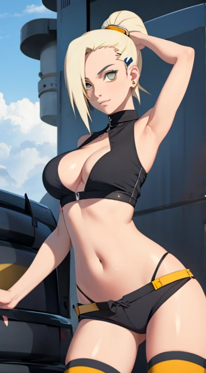 Masterpiece, best quality, Masterpiece, best quality, 1 woman , blue eyes , yellow ponytail , sly face , smile , gold bikini , abdomen, big breasts , Long legs , hands on hips , standing. perfectly  , abandoned factory , at night