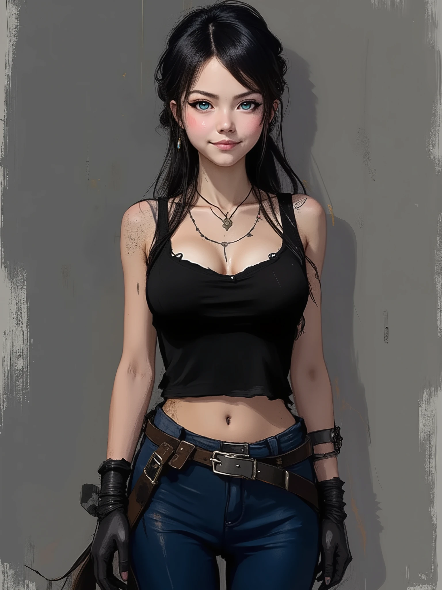 sketch painting, marinette Dopanchan, nvinkpunk, A very beautiful and cute 22 year old woman. (Sharp focus on the face:1.5), (blue eyes:1.5), (((western eyes))), (extremely detailed blue eyes:1.5), (((beautiful eyes, beautifully detailed eyes))), (((delicately detailed thin pink lips))), (((long hair))), (thin waist), (perfect thighs:1.5), (perfect body:1.5), (perfect anatomy), (anatomical correct). (jet-black medieval style sleeveless t-shirt:1.5), (dark_blue medieval style leather warrior pants:1.5), deep gaze, slight smile. (((The background is dark_gray and painted with expressive, visible textures using dynamic brushstrokes and strokes that add depth and movement. The paint covers only the area just behind the subject. The outer edges of the image with black margins, as if the background had been painted with a brush and with expressive and visible textures using dynamic brushstrokes and strokes fading toward the edges creating a modern and artistic vignette effect))). Cinematic lighting, vibrant colors, (cowboy shot:1.5, standing:1.5), (full body view), looking at the viewer, dynamic pose, graceful pose, soft depth of field, (masterpiece:1.5), (best quality:1.5), (((high resolution, top quality, high quality, UHD, 16k quality))), clear image, sharp focus, no blur, film grain, bokeh.