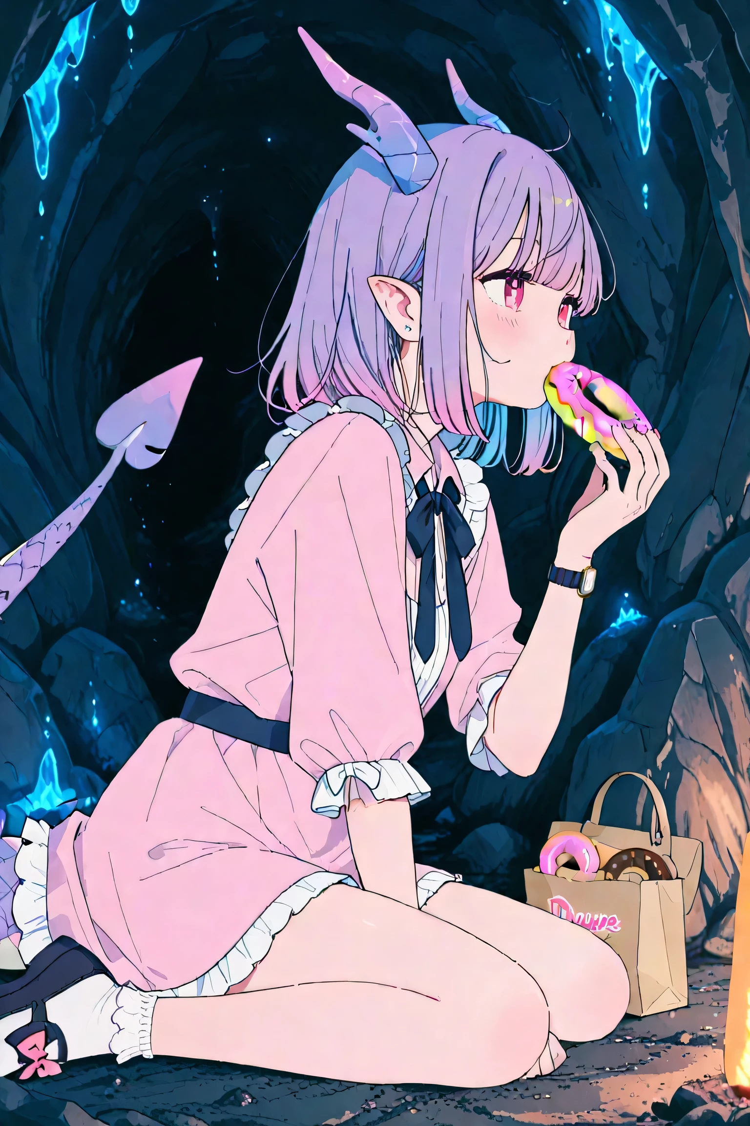 one girl、dragon horn、dragon tail、 is so lovely、eating a doughnut、Watch Here、above、from an oblique top、cave、high image quality、High Resolution、4K