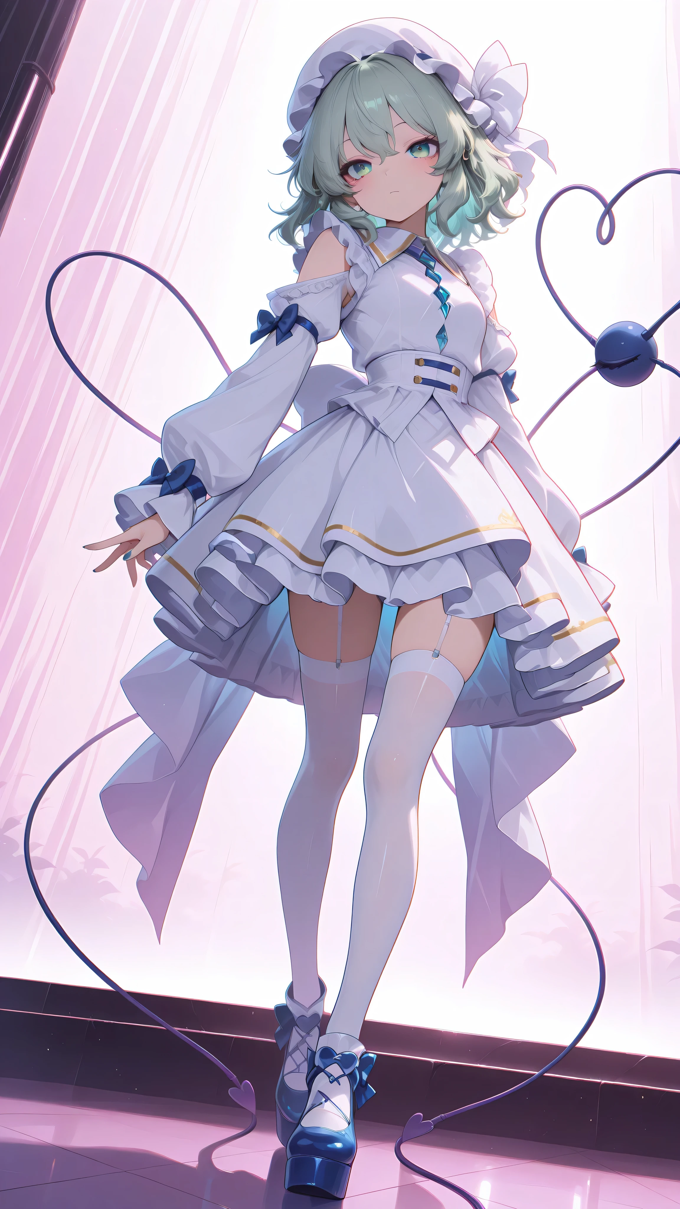 Komeiji Koishi from Touhou Project, expressionless, high quality, perfect photography, ultra-detailed, glitter eye makeup, long eyelashes, white stockings, glossy neon high platform shoes, energetic idol performance, playful pose