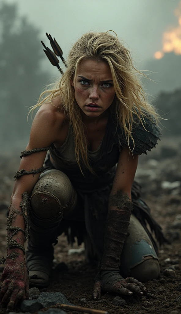 (best quality,highres,ultra-detailed), gritty and dusty image, model is intense, dust and darkness are in the air, close-up, 19 year old long haired ginger woman, hair is tightly braided and kept under a ceremonial warriors helmet, tattooed, detailed facial tattoos, shirtless, muscular, fully tattooed body, magical ritual, magical symbols, black magic, model is dusty, dark ambiance, intense lighting, mysterious atmosphere, low key image, model is almost angry, model looks to be drawing power and wants to hurt someone, tribal, powerful, supernatural, mystical, enchanted, griffin symbols, spiritual connection, ritualistic movements, mesmerizing, captivating, intense gaze, confident expression, dominant presence, dark color palette, contrast, dramatic shadows, intricate details, surreal, otherworldly, ethereal, magical energy, intense emotions, powerful aura, mystical transformation, evocative, haunting, immersive composition, arri alexa 65 anamorphic 2.4-1, 