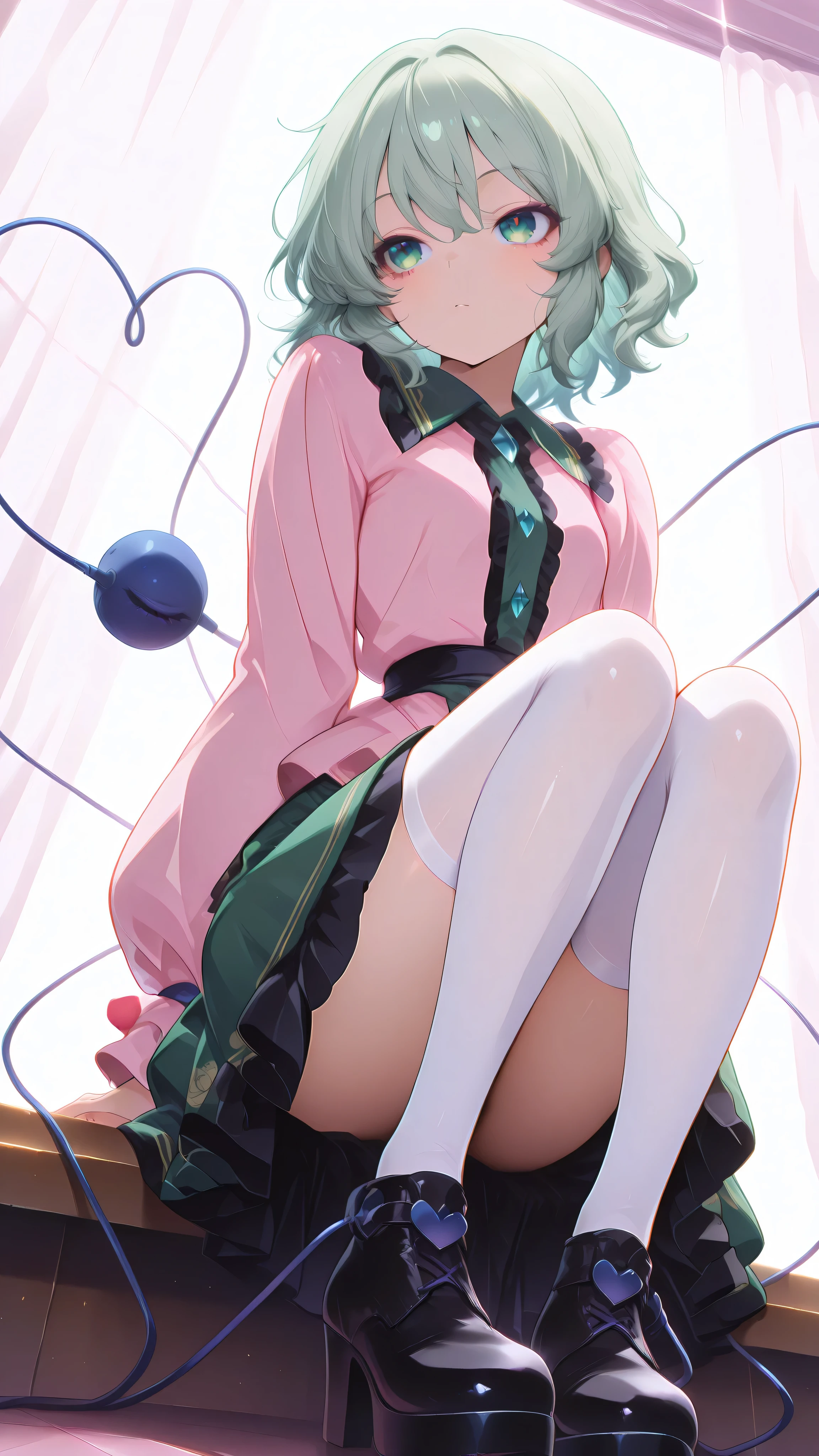 Komeiji Koishi from Touhou Project, expressionless, high quality, perfect photography, ultra-detailed, glitter eye makeup, long eyelashes, white stockings, glossy neon high platform shoes, energetic idol performance, playful pose