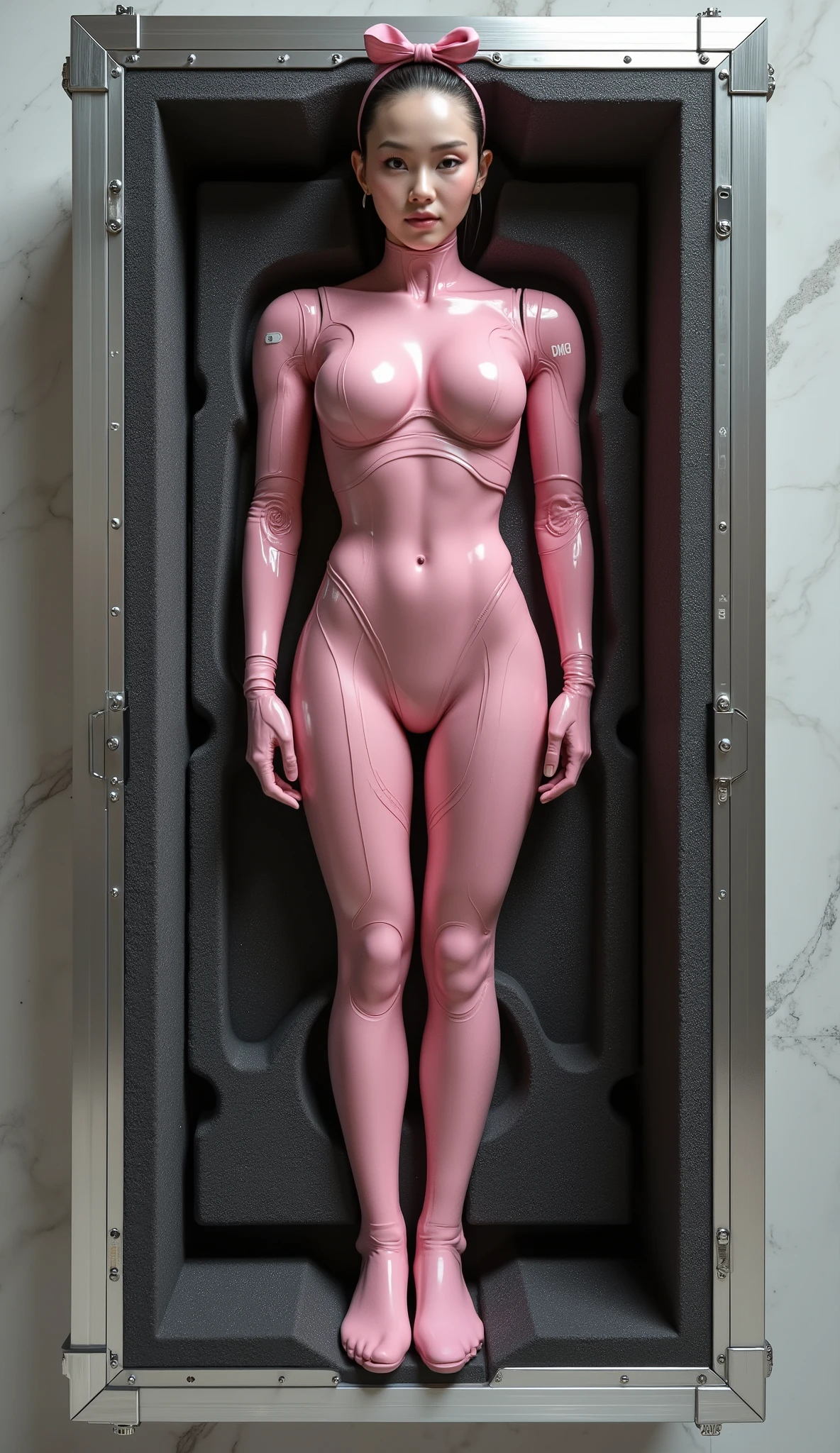 big breasts, detailed hands, A full-body view of a highly advanced female humanoid android inside a reinforced metallic containment case.
Human-like facial features, calm expression, natural skin texture, gentle and lifelike presence.
Positioned in the center of the case, supported by precision-carved matte-black industrial foam.
Relaxed pose with both arms resting behind her head, clean and composed, non-sexual.
She wears a glossy pink full-body suit, smooth reflections, no revealing details.
A small pink ribbon on her head adds a subtle, human charm.
A discreet barcode tag and product label indicate a high-end prototype.
Soft LED illumination inside the case, highlighting contours.
Top-down inspection camera angle. The case rests on a marble floor.
Ultra-detailed, photorealistic, hard sci-fi design, safe content, clean presentation.