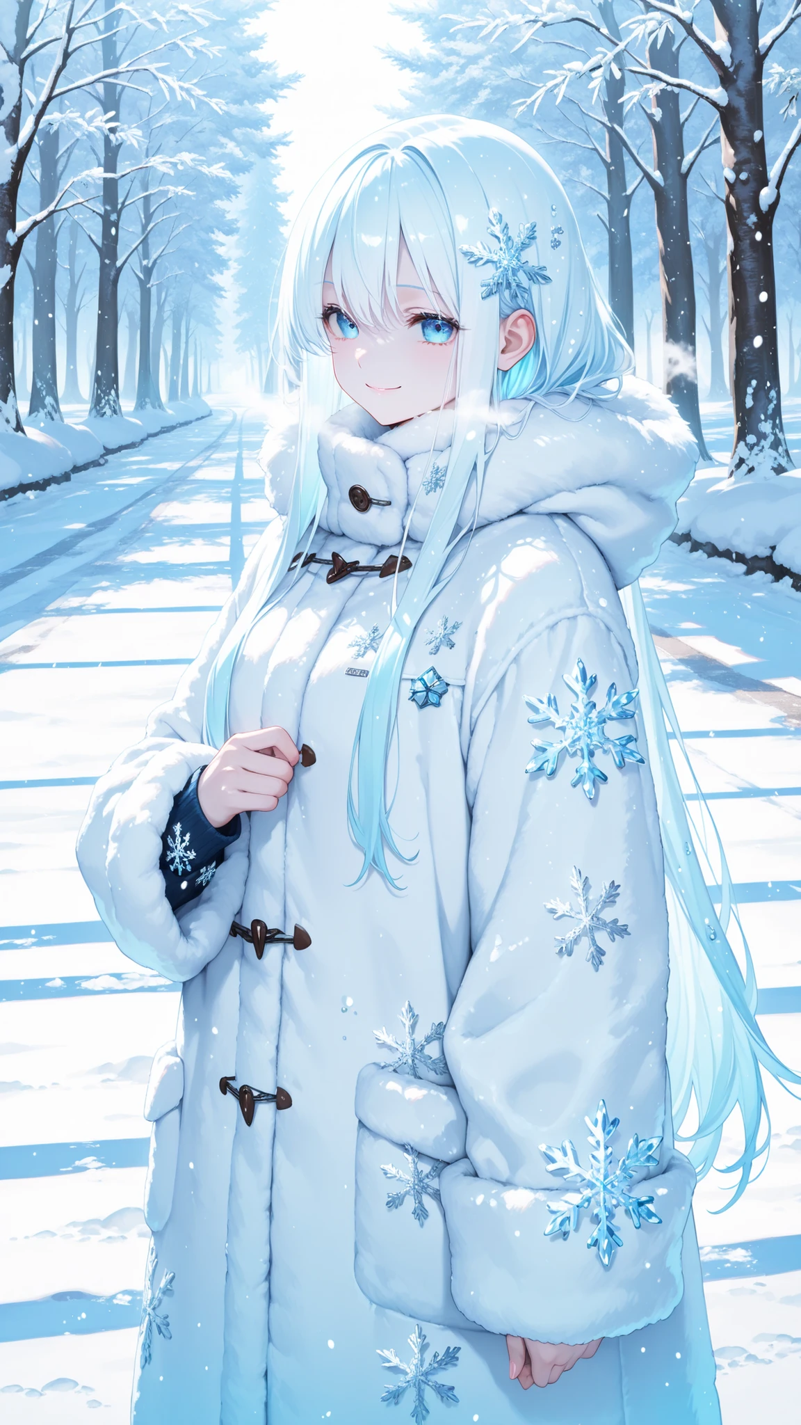 high quality、masterpiece、best image quality、Beautiful Snow Fairy、Solo Shot、Fluffy Silvery White Long Hair、Snowflake Hair Ornament、20 worn out、Ice Blue Eyes、white fur coat、A Dignified and Peaceful Smile、Shimmering Ice Accessory、Snow Covered Road、Moonlit Snow Scenery、Fluttering Snowflake、particles of light drift around、Dramatic Pale White Lighting、Cold breath、 Inexplicable look、Cinematic composition