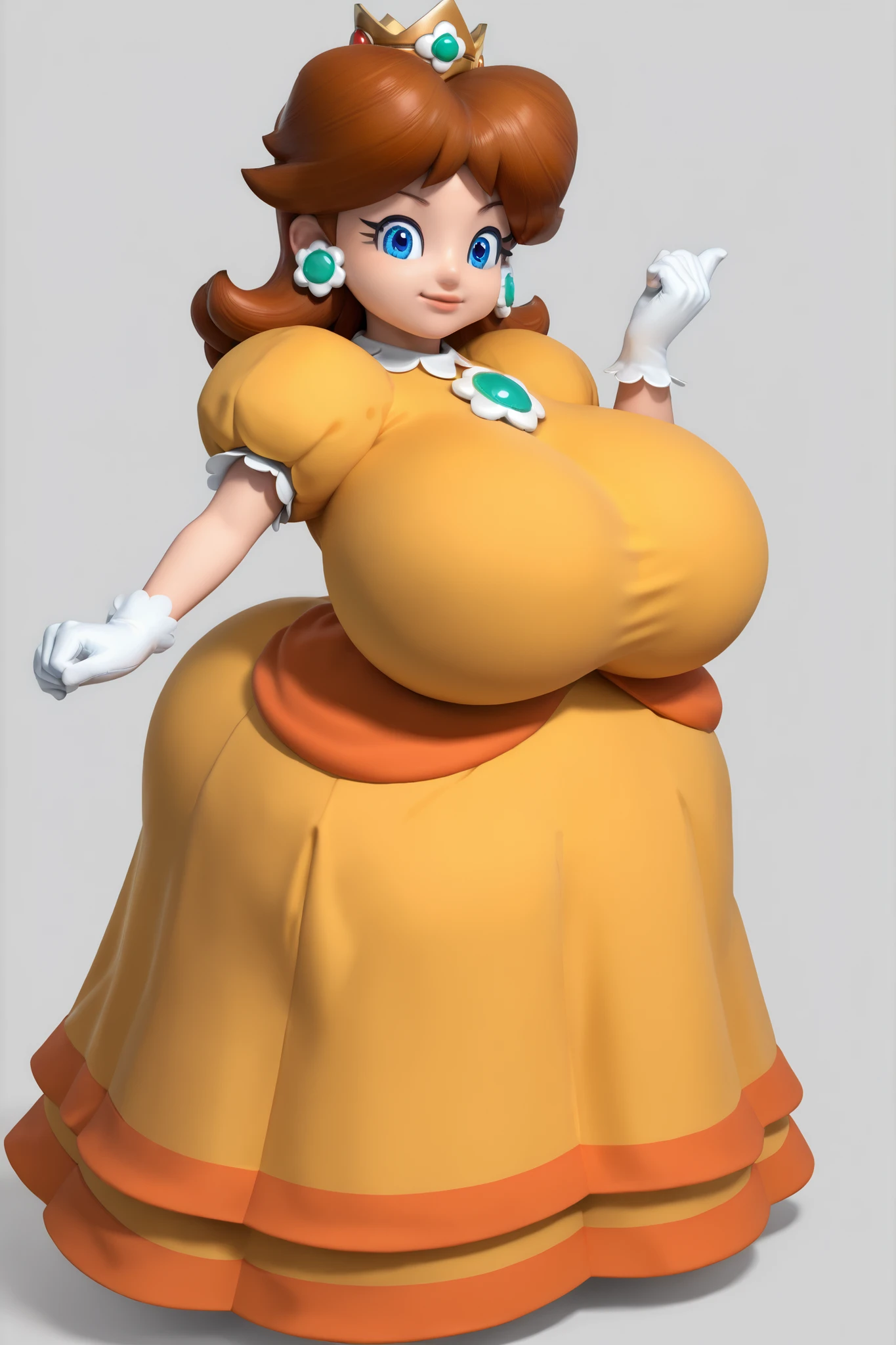 huge ass,princess daisy,jewelry,blue eyes,crown,flower earrings,brown hair,d_daisy,((Princess Daisy)), ((gigantic breasts)), (2.5D), Daisy is wearing her orange gown with puffy sleeves and white opera gloves, gigantic ass, super wide hips, full body, smile