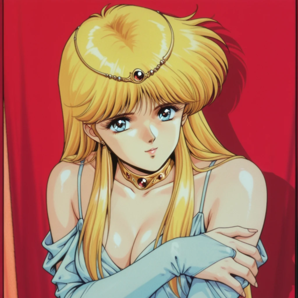 (anime cels style, Masterpiece, best quality, high resolution, anime colored, megami magazine:1.2, anime poster style, anime keyvisual, sharp, 8k, photorealistic), (beautiful eyes:1.5), reiko_aiwaifu, 1woman, , blond hair, long hair, (sagging huge breast), , cleavage, (upper body:1.5), standing, (perfect detailed , perfect arms, perfect fingers, beautiful face, perfect body, shiny skin), (simple background:1.5), 