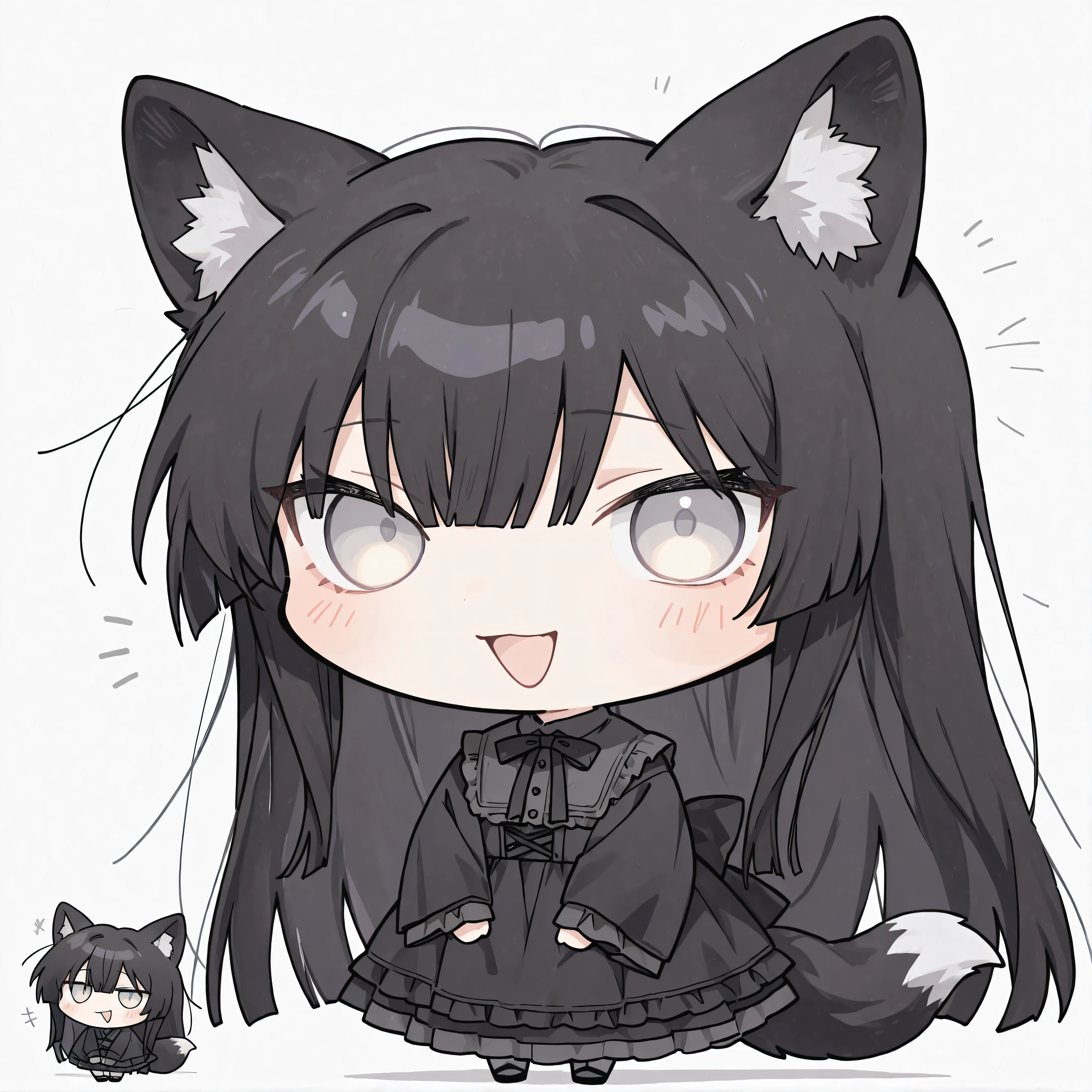 1girl,solo,fox ear, flat chest1:6,flat chest,,beautiful face,long lashes,,hime cut black super long hair,princess cut black hair,,Blush。,Anime Style,male focus,from front, front view,shy, bashful,black fox tail with a white tip,black fox ear with a white tip,wind,sadistic smile,open mouth,chibi, kawaii, cute,,chibi,yunayu_chibi_V1,kimono lolita,
japanese traditional lolita,oriental gothic,