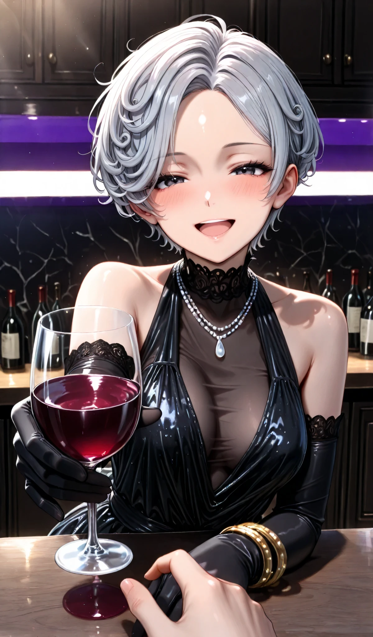 (1girl),  

(( Silver Hair:1.2), ((forehead exposed), parted bangs, center-parted fringe), (shortcut hair : Pixie Cut Hair + Curly hair):1.2),  
((medium ), (glamorous body)), ((Babyface), (cute:1.2)), 
((black eyes), (eye highlight), (shiny eyes), (detailed eyes)), 
((False eyelashes)), 

(Blush, half-closed eyes, (open mouth), (smile, happy)), 

((Black silk dress), velvet, sleeveless, high neck), 
(black silk elbow gloves), 
((gold bracelet)), ((silver necklace)), 

(background: (Bar Counter)), 
((reaching out with hand), (holding a wine glass with wine)),  

(freeze-frame action, vivid colors), 

(close-up face), 
(from front), 
break 

(soft lighting, natural lighting, ambient lighting), 
(high contrast, deep shadows, rich color tones, muted colors), 
(best quality), (masterpiece, detailed:1.2), (anatomically correct), (4k), 

