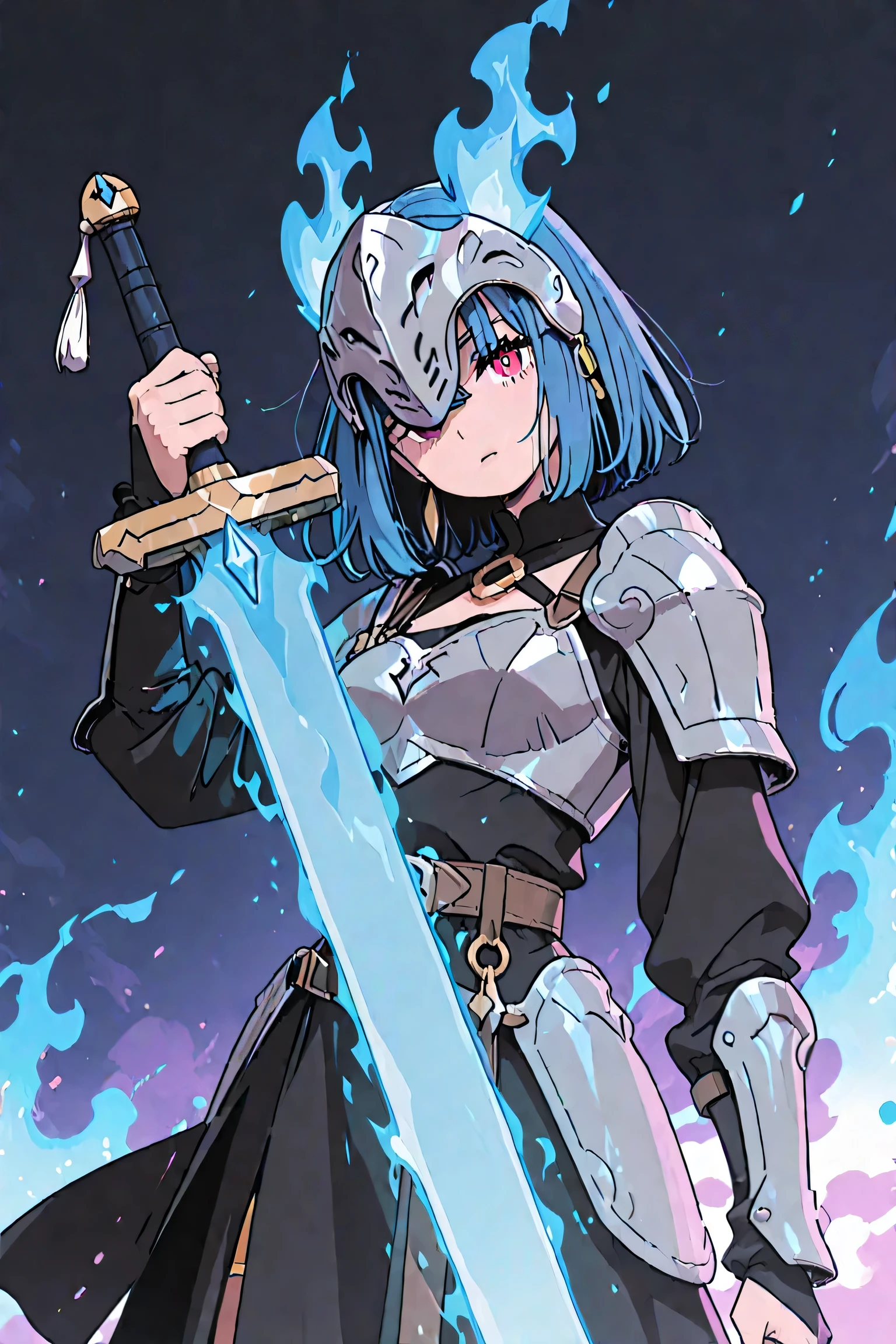 Female swordsman with a sword、Head armor that hides the eye area、Poke Your Sword 、 blue flame、Dutch angle、high image quality、High Resolution、4K
