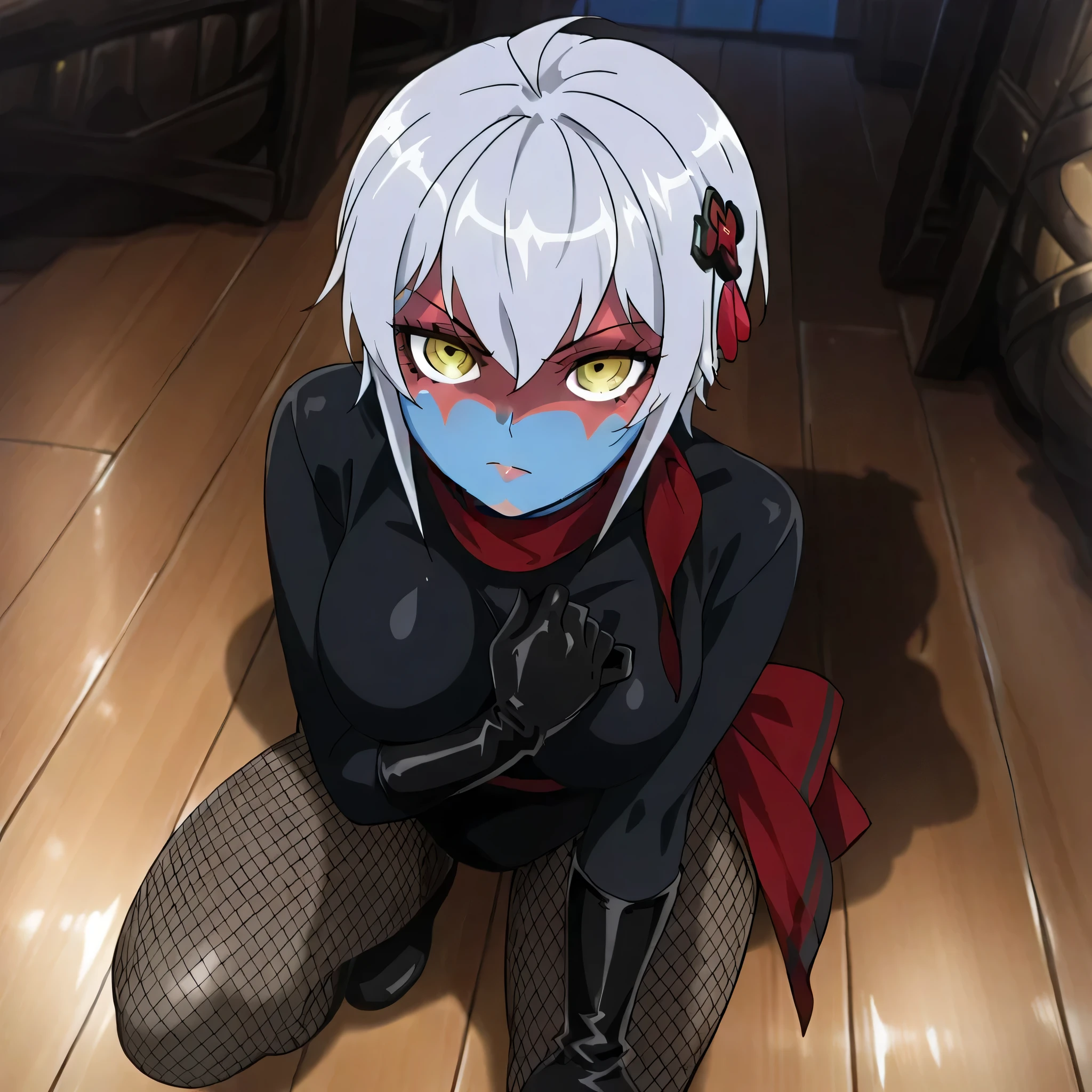 (((Masterpiece))), (((Best Quality))), ((Super Detail)), ultra-High resolution, score_9,score_8_up,score_7_up,score_6_up,score_5_up,score_4_up, BREAK, source_anime, anime screencap, uncensored, Masterpiece, (best shadow), (absurdres), (detailed background), (very aesthetic), detailed beautiful eyes, outstanding, an exquisite animation illustration, curvy, highres, shiny clothing, dark persona, empty eyes, blank eyes, shocker, black leotard, latex elbow gloves, brown fishnet pantyhose, (((blue skin))), colored skin, red sash, makeup, (((solo, 1girl))), hair ornament, seductive pose, submissive pose, anime style, anime coloring, animification, megami magazine, sexy pose, dynamic angle, cinematic angle, dutch angle, dynamic composition, medium breast, ahoge, hair between eyes, short hair, grey hair, yellow eyes, closed mouth, indoor, night, delicate features, soft lighting, warm lighting, moonlight, night scene, dark theme, horror theme, tavern, looking from above, view from above, from above, kneeling, on one knee, arm on knee, hand on chest, looking at viewer, determined, confident, serious, proudly, ear