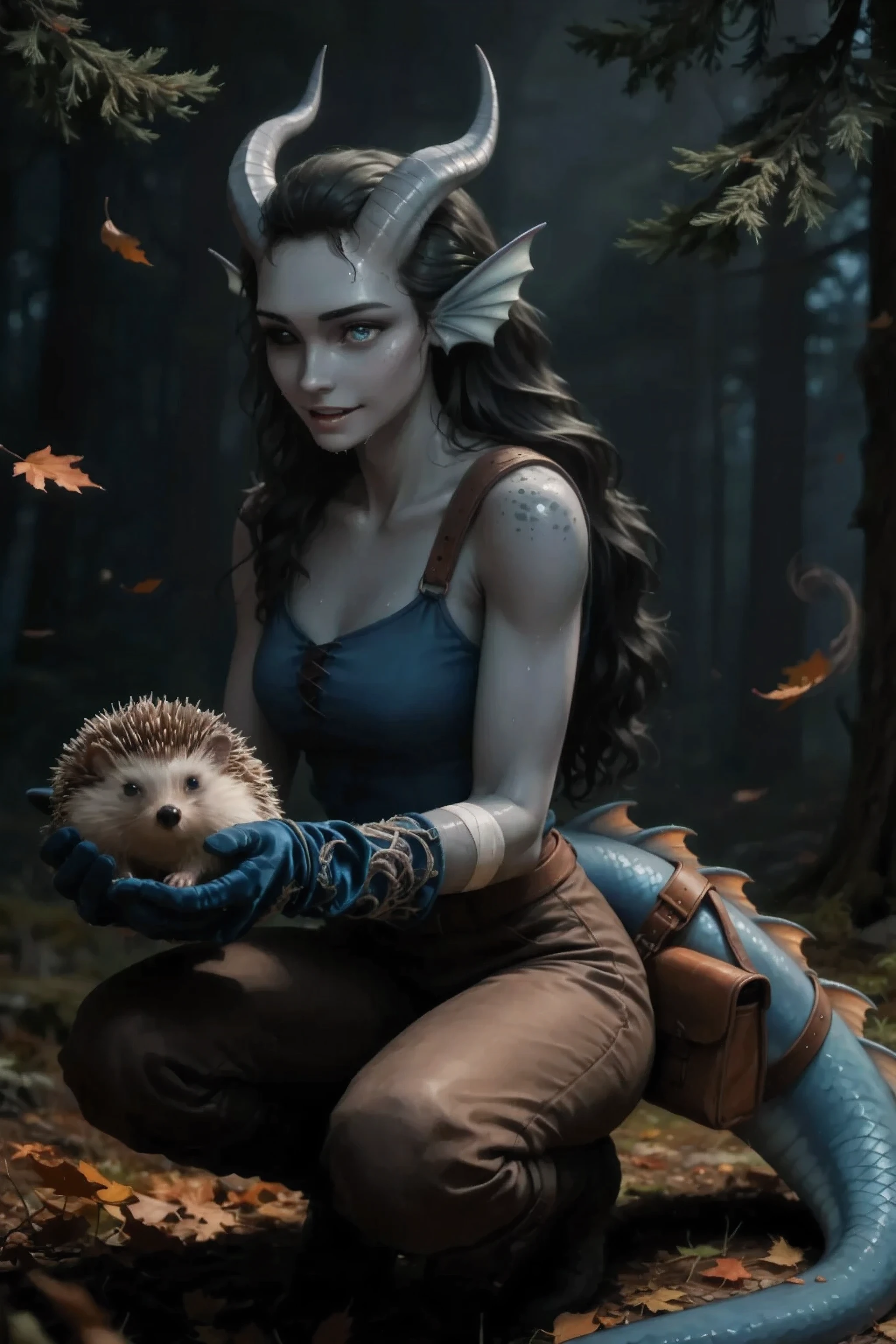 dark gloomy background on. (realistic hedgehog animal in hand:1.3), cedar branches, cedars and spruce trees, (dark leather pants:1.2) .тёмное. Autumn forest. falling autumn leaves. Kedra, dark blue-gray skin , (numerous pigmentation on the shoulder:1.5), (half-open mouth in a slight sneaky smile), fins on her head, dark blue-gray horns, Loose black hair, bright blue eyes , (beautiful blue velvet expensive gloves on hand:1.2), (5 fingers:1.2), hand bandages, на фоне тёмный Autumn forest, Long soft shadows. wet ground. Squatting.
masterpiece, best quality, ultra-detailed, Cinematic emotional static frame, 8K UHD, extremely detailed, physical visualization, HDR.