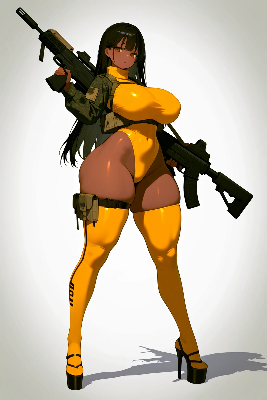 <lora:Nyuunzi:1>Nyuunzi, natyss, chymlaxi, holding a gun, open mouth, green skin, long tongue, bioluminescence, cyberpunk, military gear, black hair, tail, looking at viewer, cover page, salute, doujinshi cover page, horns, (long ears:0.5),