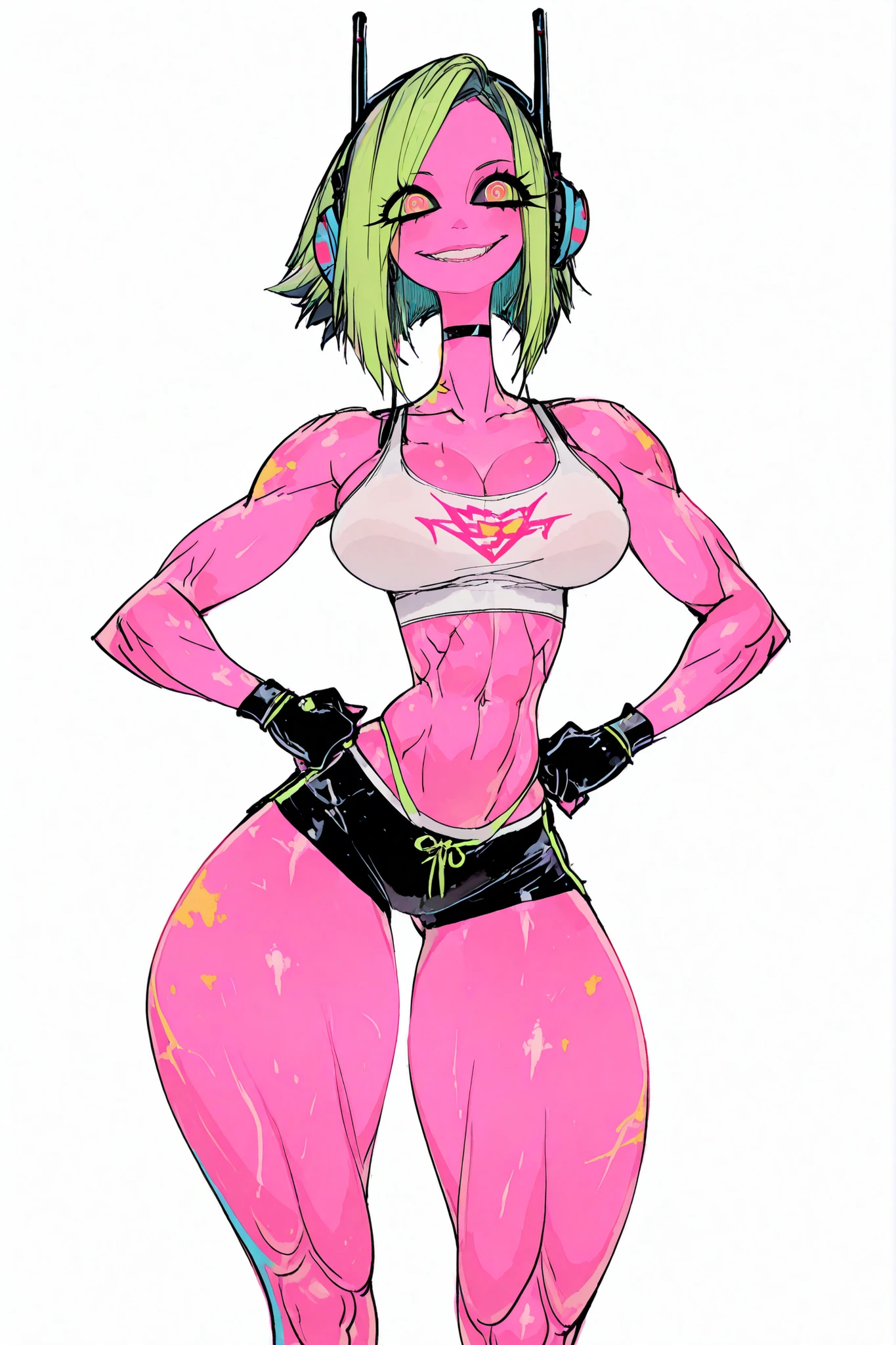an alien girl, tall, attractive, black sclera, fluorescent green hair, pink skin, big innocent smile, cute eyes, sexy tummy, wide hips, masterpiece, best quality, amazing quality, headphones, tight tank top, tank top, cleavage, bursting breast, sexy front view, thigh gap, yellow iris, black thick outlines, sharp angular outlines, midriff, legs apart, bright colors, sexiest body, sexy body, supermodel, ridiculously sexy, big cute eyes, sexy muscular legs, sexy long legs, sexy pose, unintentionally provocative pose, flat tummy, long torso, exposed abdomen, well-defined and angular hip and thigh contours, fit, angular borders style, cute eyes, brackets, thong, bare legs, fingerless gloves, long legs, sexy legs, supermodel build, forehead, no background, ((thick and muscular thighs)), ((sexy tummy)), hands on hips, sexy pose, ((rounded breast)), ((exaggerated proportions)), ((provocative posture)), ((facing the viewer)), ((completely front view)), ((sexy body)), ((fit body)), straight hair, pixie haircut, short hair, playful vibe, middle part hair, feminine haircut, sexy skin, shinny skin, pink skin, white tank top, contrapposto, gym outfit, booty shorts
