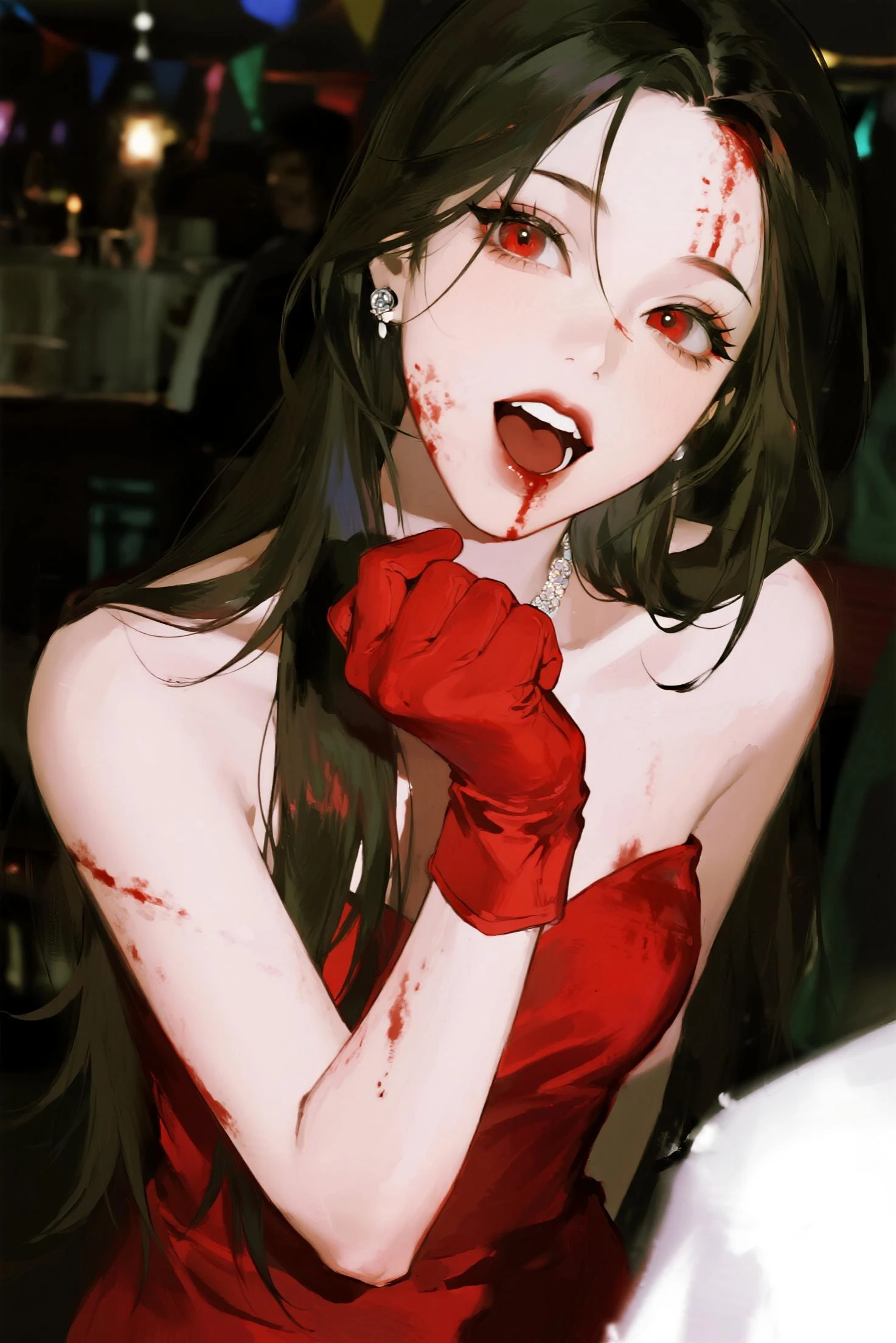 masterpiece, zoom out, score_9, score_8_up, score_7_up, portrait, 1 girl, alone, black hair, long hair, long parted bangs, white eyes, black sclera, (blood tears, small smile), evil, parted lips, expressionless, , upper body, V-neck strap basic dress, black bottom, best quality, long split bangs.