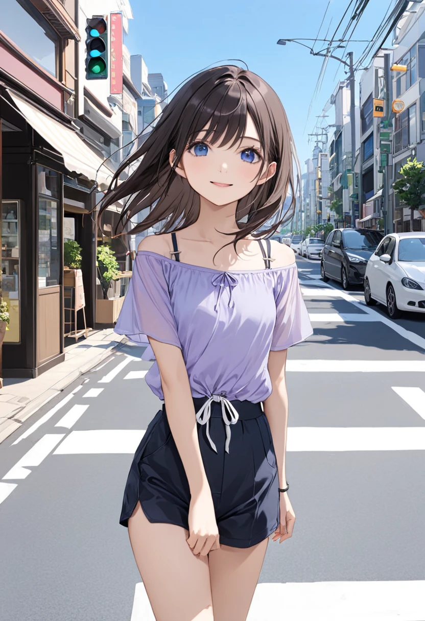 ((Ultra-detailed)), (top-quality), ((masterpiece)), ((Super exciting)), ((8K)), ((1080p)), ((extremely clear)), ((Very sophisticated)),((natural lighting)), ((depth of fields)), ((Glowing skin)), ((gleaming)), ((shiny-glistening)), (3D)), ((Perfect )), (Realistic skin texture), ((Detailed face description)), (((perfect balance))), (((Solo))), ((a girl)), (grinned)), (slanted eyes), (sit on bench), (grinned), ((sleeveless), (neckless)), (shirts), (short pants), ((Tokyo background)),