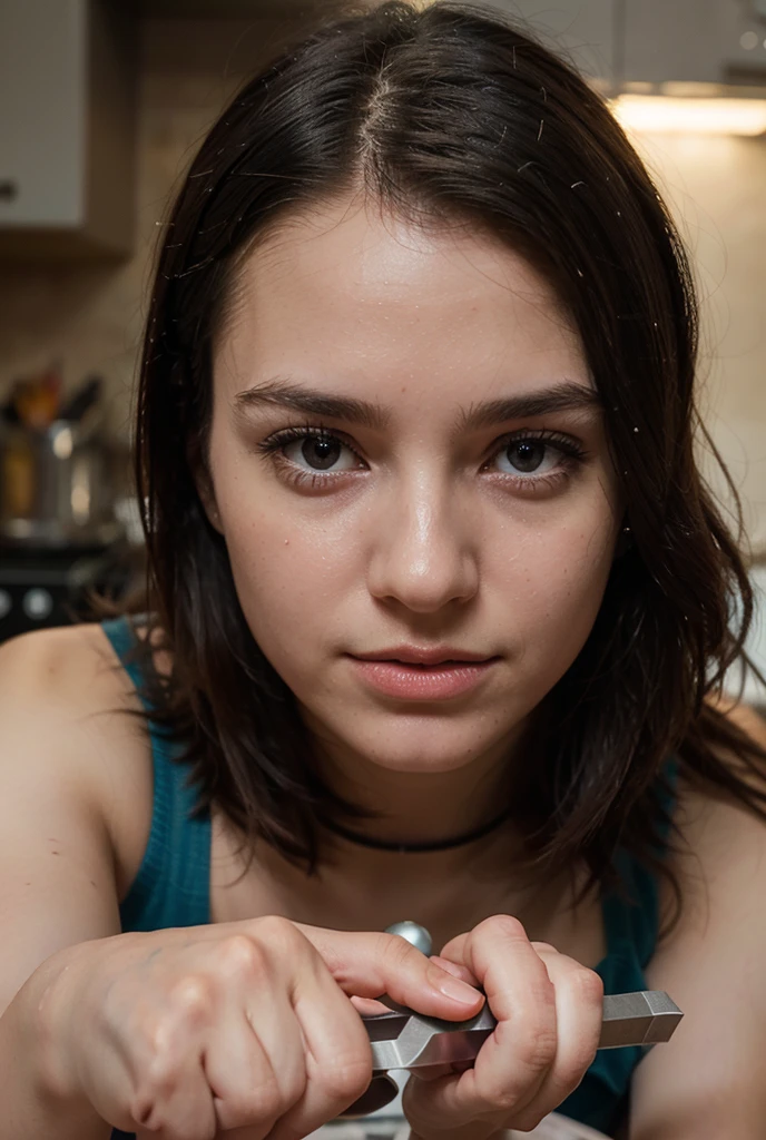Eliy , in a school bathroom , , , looking at the camera , ,, , , , , from above , , , from the front, , on her knees ,  , tongue out, ,  , very angry, frowning eyebrow , black t-shirt, light blue jeans 