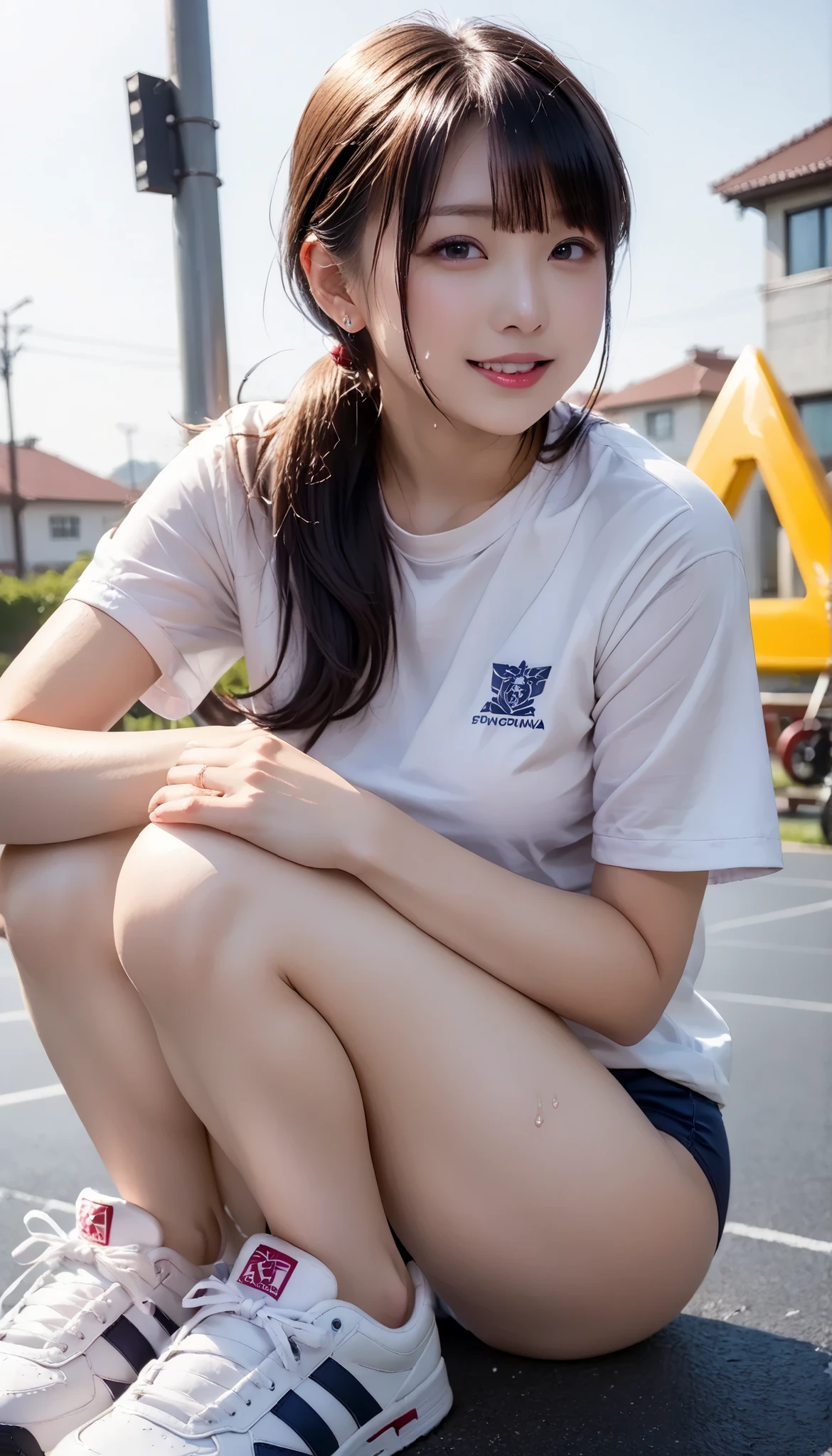   top quality 、high quality 、 最High precision、High precision、8K quality、high image quality 、top quality、 masterpiece 、immersive video、 very realistic image 、Realistic Paintings、 Perfect Details 、 high contrast 、High Fidelity、 perfect and unblurry pictures、close to reality、 images with lots of detail、 Detailed and realistic weapons 、 exquisite and realistic human skin 、 realistic face in every detail、 Realistic eyes with attention to detail 、   Realistic Lips Drawn in Details  、 detailed and real teeth、Real ears、 Realistic Hair 、 nipples、Mansuji、((Japanese model))､((high school girl))、((Young face))、((dark haired))、((medium rounded breasts))、((stylish body ))、((( My whole body sweats  )))、(((woman whose whole body is sweaty from head to toe)))、(( Outdoors ))、(((Wear a classic rubber buma＆Wear a white t-shirt＆wearing white sneakers)))、(((wear a low-waisted rubber bloomer＆Wear loose T-shirts＆wearing white sneakers)))、(((汗で濡れているWear a classic rubber buma＆Wear a Sweaty White T-shirt)))、(((薄手で張り付き感のあるwear a low-waisted rubber bloomer＆wear loose fit gym clothes that are thin and tight)))、((Under the intense heat of midsummer,in the city with an umbrella))、(((sit in a triangle with your  on the ground)))､((( look at her from the front )))
