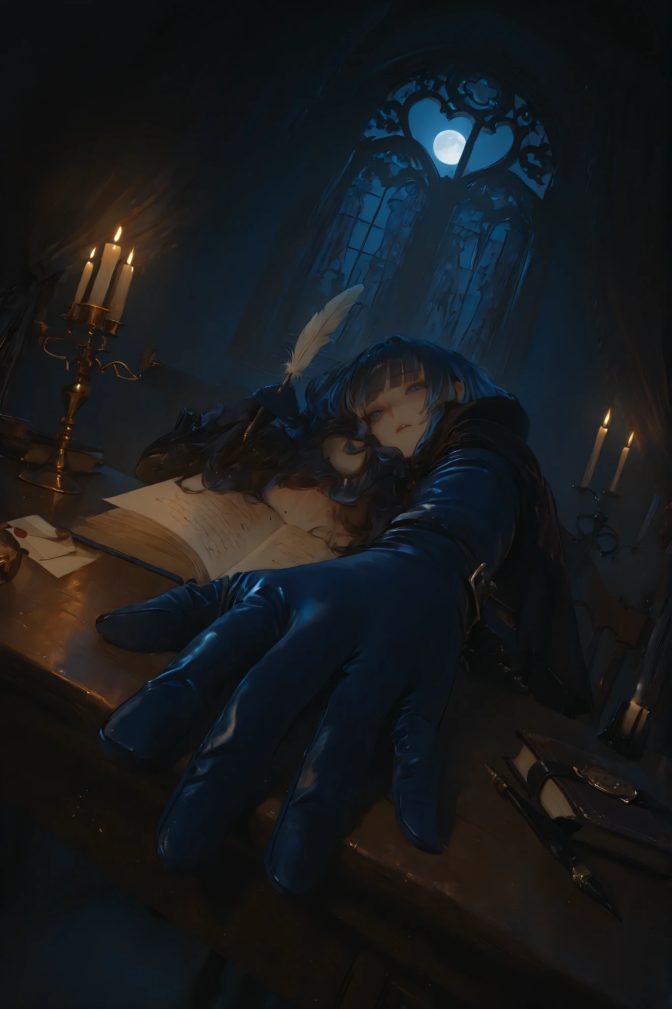 High Resolution、8K Wallpaper、Exquisite depiction、dark blue velvet gloves casually placed on a desk、Scenes from a medieval study、wooden desk illuminated by moonlight、large arched window in the background、cool blue light flowing through stained glass、from a low angle、slightly Dutch angle composition、old leather bound book、ink bottle and feather pen、melted candle、brass candle holder、warm light、opened letter and broken wax seal、 Thin lace curtains by the window、 Silhouette of a Gothic castle under a full moon、cool blue palette where silver blue and soft shadows dominate、 Warm highlights from the candlelight、 Baroque-Gothic atmosphere