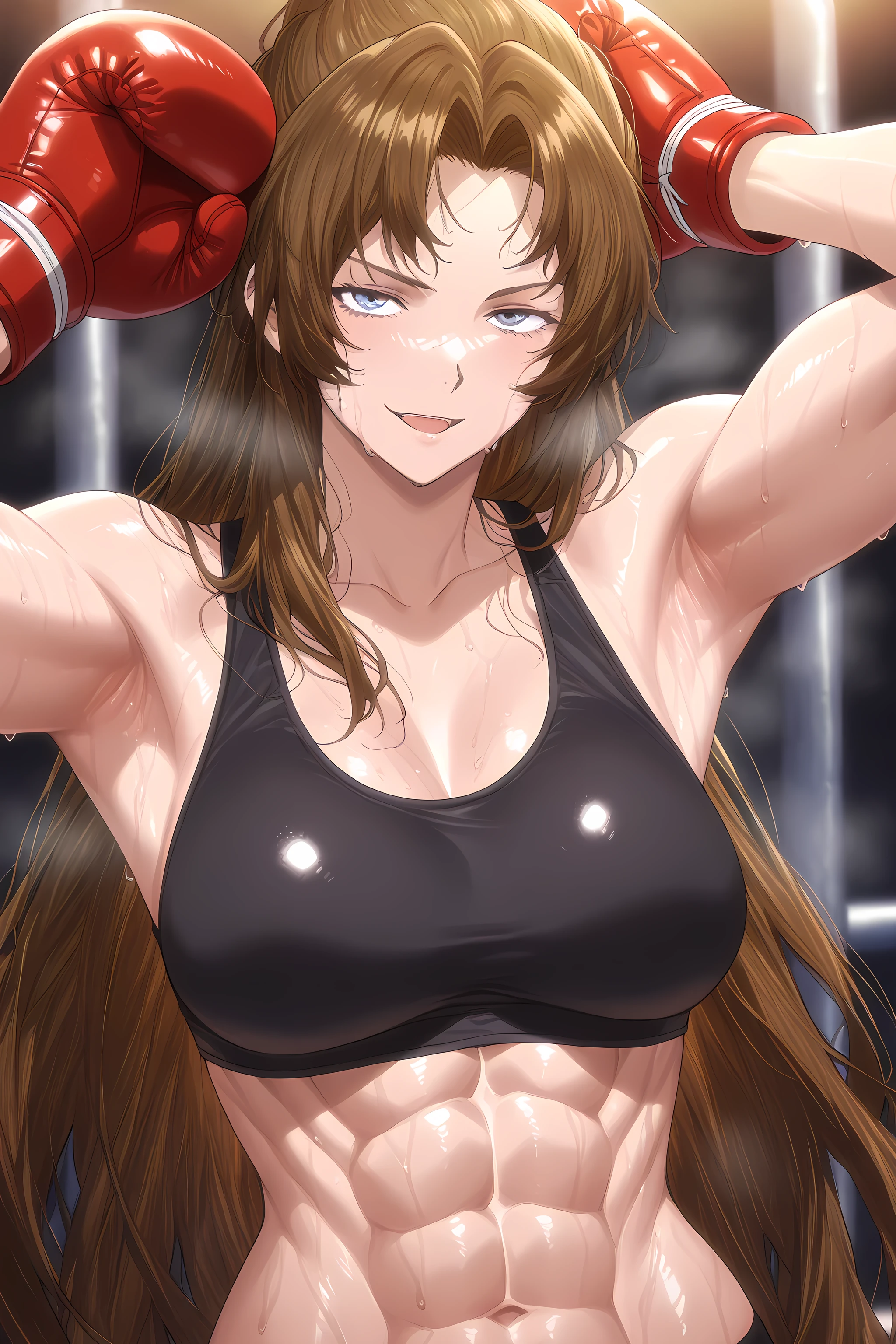 1girl, solo, young mature, RodionLimbus
long hair, brown hair, blue eyes, light smirk, medium breast, toned female, abs, shiny body, sports bra, boxing gloves, sweating, showing armpits,sexy pose, looking at viewer, open mouth