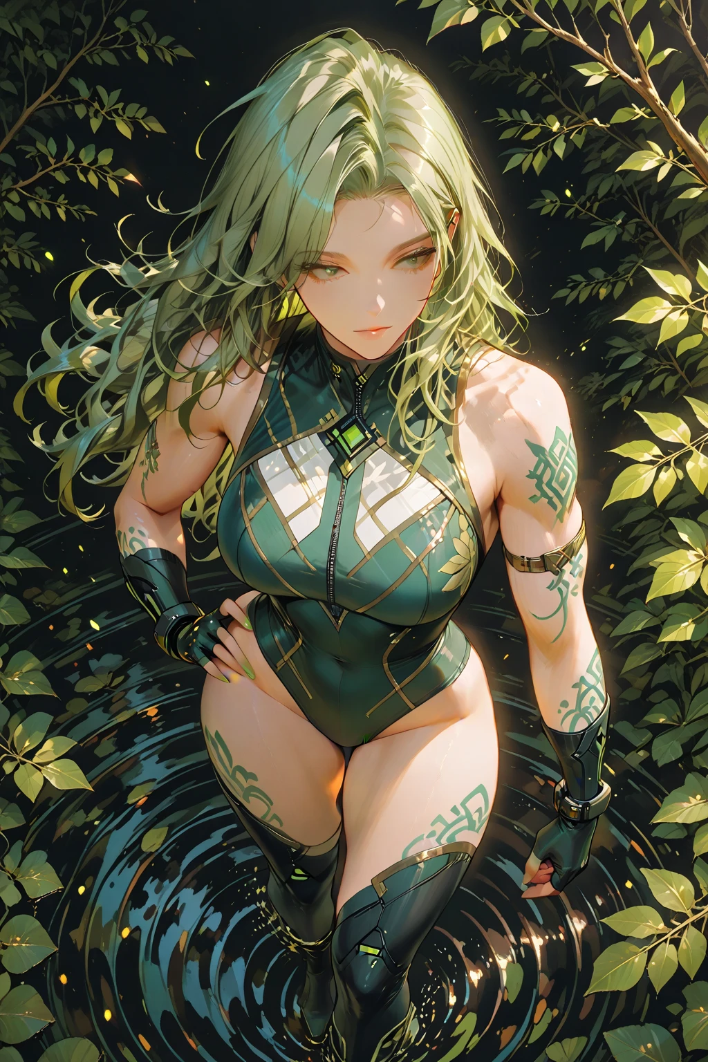 All intricate details: Exobiological: Human_Girl_Pantera Nayra

From the misty depths of the tropical jungle emerges the Nayra, a feline creature of incomparable beauty. Its slender body, perfectly adapted to navigating through dense foliage, Her fur green forest a mosaic of emerald greens and earthy browns, camouflages her perfectly among the lush vegetation, making her an invisible hunter.

head human and feline, symmetrical face, an agile and perfect girl body. Two pointed ears pick up the slightest sound, while his eyes, large and deep green like polished jade, shine with an intelligence that belies his wild nature. 
Its sharp fangs, visible even with its mouth closed, reveal its predatory nature.  A long tail helps it maintain balance and cling to branches as it moves through the jungle. random angle