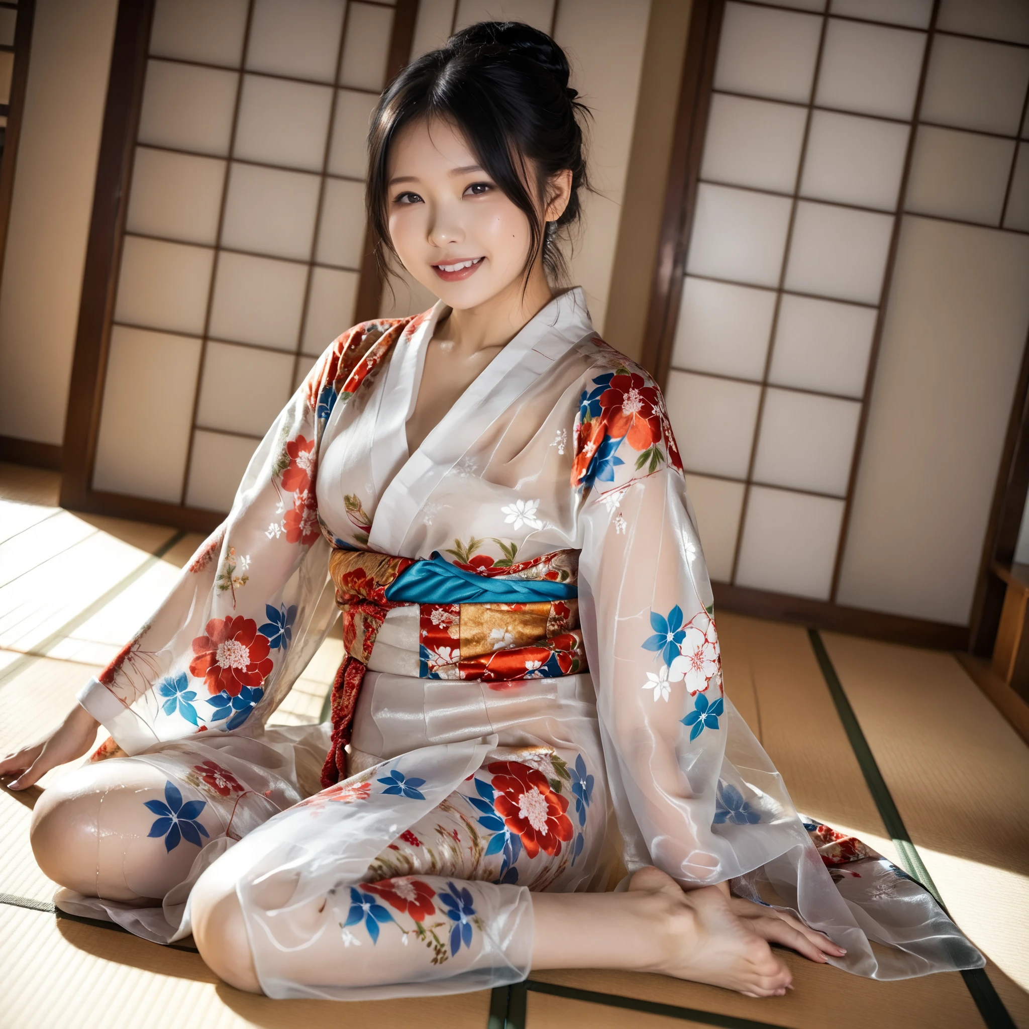 最High Quality 、High Quality 、 最high definition、high definition、8K quality、high image quality 、最High Quality、 masterpiece 、immersive video、 very realistic images of the floor at night 、Realistic Paintings、 perfect details 、 from out of view High contrast 、High Fidelity、 perfect pictures without blur、close to reality、 image faithfully reproduced down to the smallest detail、 EXQUISITE AND REALISTIC WEAPONS 、 Exquisite and realistic human skin 、 Realistic face in every detail、 Realistic eyes with attention to detail 、 Realistic lips drawn with minimal detail 、 detailed and real teeth、Real Ears、 Realistic Hair 、((Japanese Model))､((gravure idol))、((Young face))、((black hair))、((medium rounded breasts))、((stylish body ))、(((Sweaty skin all over )))、((Wear a floral kimono made of transparent vinyl,Clear vinyl fits your skin perfectly))、((Wear a floral kimono made of transparent nylon,Clear nylon adheres perfectly to the skin))、((See your skin through a clear vinyl kimono))、((See your skin through a clear nylon kimono))、((Traditional Japanese room))、(((Sexy side seat on tatami mat in a Japanese-style room )))､(((Full Body Footage from Head to Toe,)))､(((look at her from a random angle)))