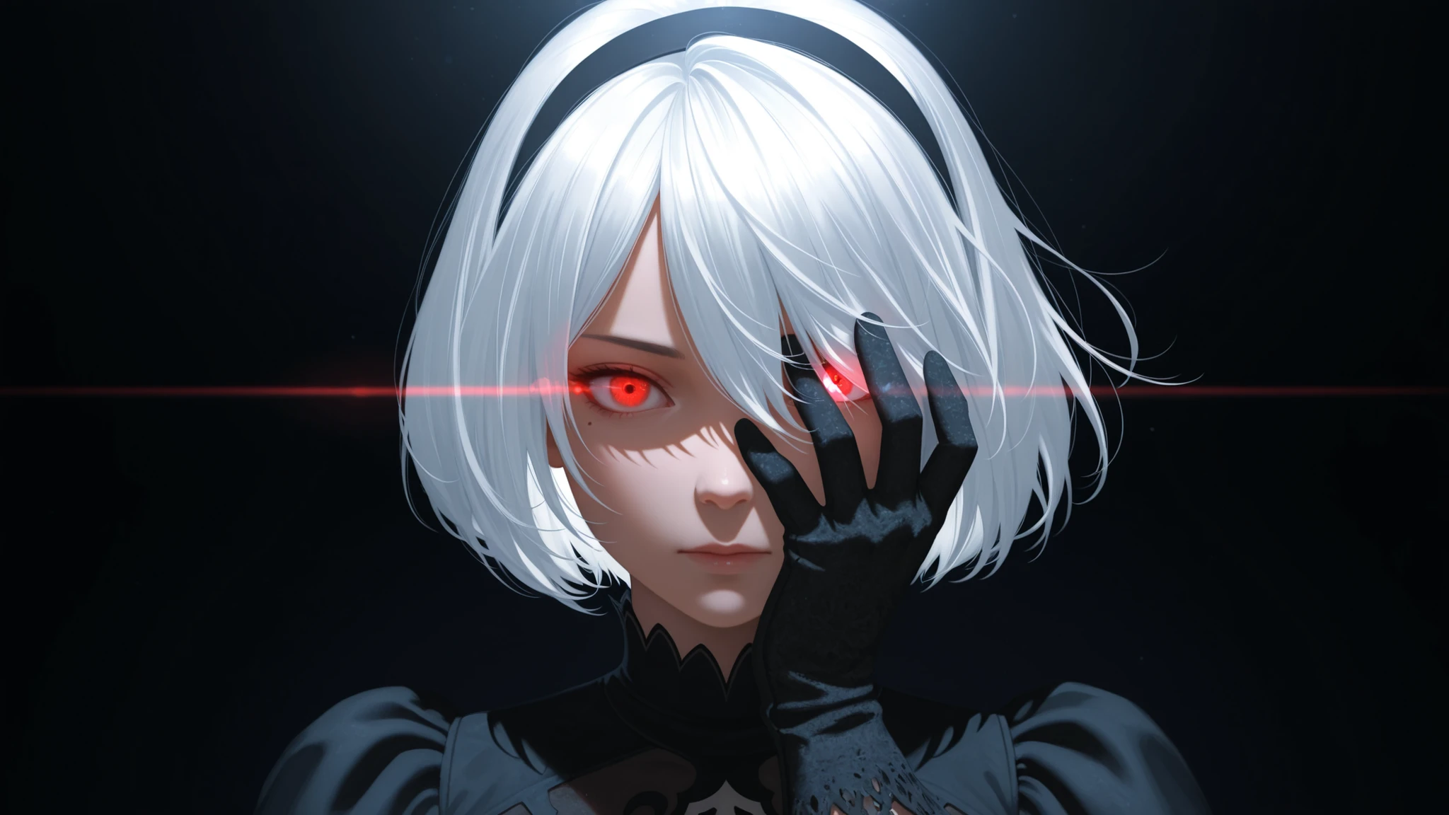 cold, lens-flare, close up on the face of YoRHa_2B, hairband, white hair, short hair, eye glowing intense red light, lens flare from glowing eye light, black background, focus on glove, arm length velvet glove, hand covering one eye, detailed velvet texture, realistic black velvet glove, dramatic chiaroscuro lighting, photorealistic, hyperdetailed, female portrait, elegant, mysterious, brooding, pensive expression, vivid colors, rich texture, dramatic shadows, moody atmosphere, oil painting, cinematic, award-winning,4K,HDR,studio lighting,ultra-fine details, mole