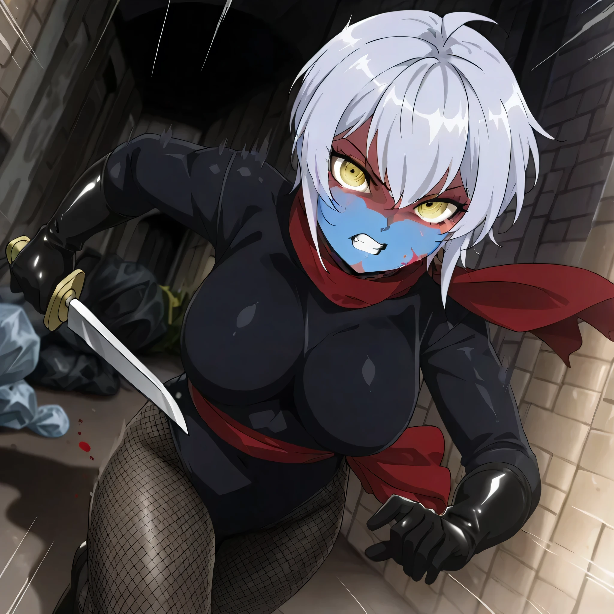 (((Masterpiece))), (((Best Quality))), ((Super Detail)), ultra-High resolution, score_9,score_8_up,score_7_up,score_6_up,score_5_up,score_4_up, BREAK, source_anime, anime screencap, uncensored, Masterpiece, (best shadow), (absurdres), (detailed background), (very aesthetic), detailed beautiful eyes, outstanding, an exquisite animation illustration, curvy, highres, shiny clothing, dark persona, empty eyes, blank eyes, shocker, black leotard, latex elbow gloves, brown fishnet pantyhose, (((blue skin))), colored skin, red sash, makeup, (((solo, 1girl))), hair ornament, seductive pose, submissive pose, anime style, anime coloring, animification, megami magazine, sexy pose, dynamic angle, cinematic angle, dutch angle, dynamic composition, medium breast, ahoge, hair between eyes, short hair, grey hair, yellow eyes, teeth, clenched teeth, angry, holding knife, knife, looking at viewer, running, speed lines, motion lines, wind, windy, fighting, fighting stance, dynamic pose, action pose, incoming attack, foreshortening, attacking, dark alley, alley, night, blood splatter, gore, outdoor, fantasy, medieval, night scene, trash, garbage