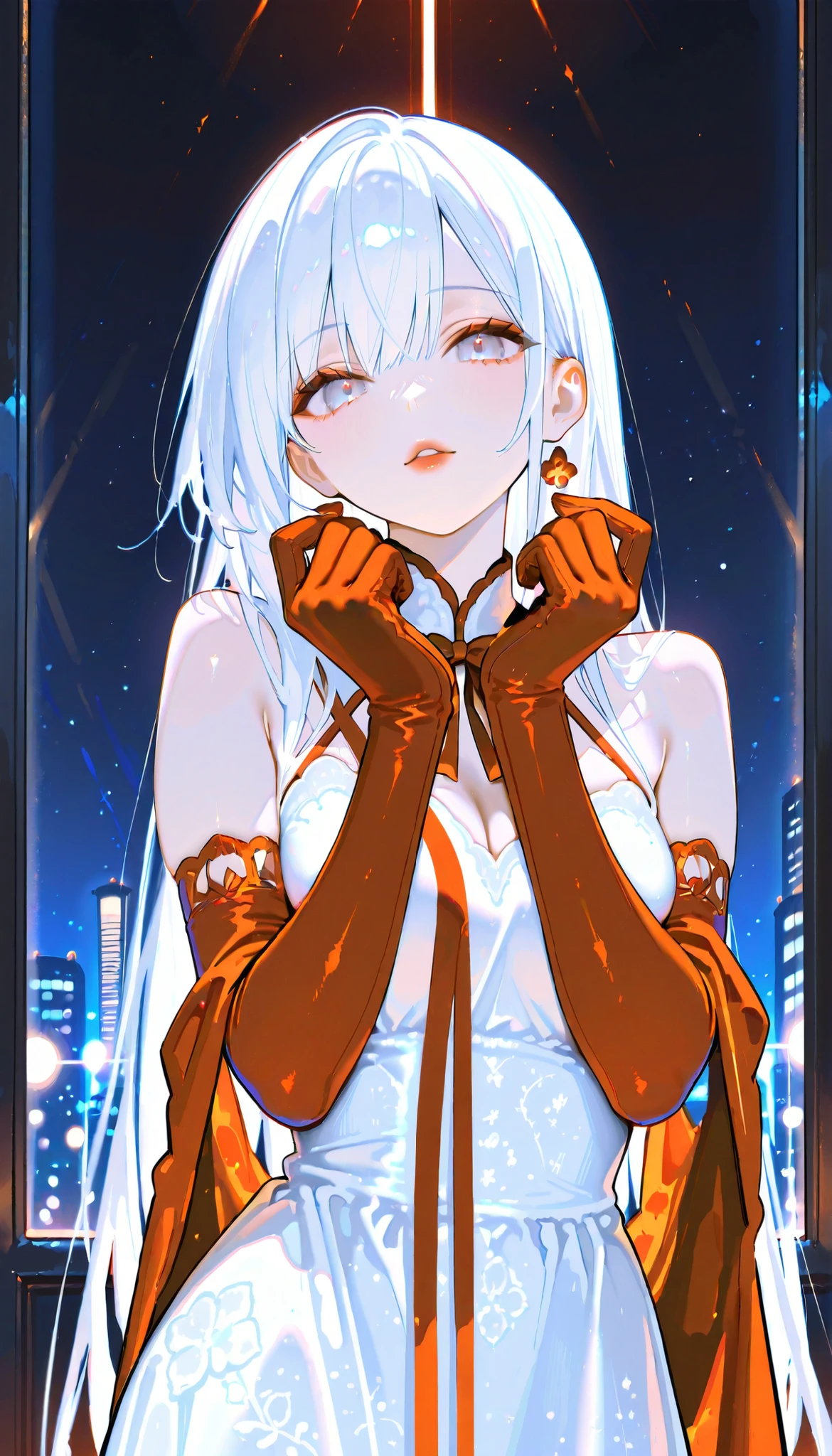 (RAW Photo), Absurd Resolution, Hyperrealism, Photorealism, Maximum Quality, 16k, Masterpiece, Ultra Detailed) (beautiful girl, 21 years old), (sharp pupil, gray eye), (white hair, vibrant reds), (made-up, red lips), (woman draped in a long, intricate white dress, long red velvet gloves), (standing, looking at the viewer), (playing with her hands, , flirtatious), (background: street, city, streetlights), late evening, volumetric lighting, (Photographic Perspective). «SunPuma S»